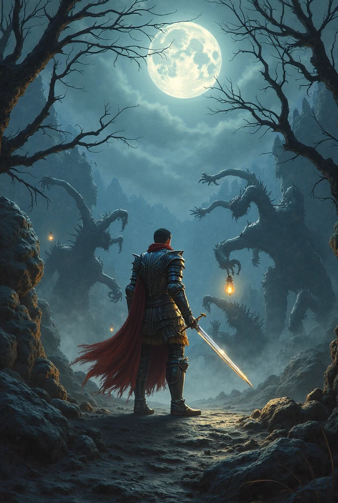 in 2d digital style art, a beautiful red skinned male elf with two elegant horns on his head. he is walking calmly towards a young boy. the young boy is scared and running away from him. the setting is a dark and misty graveyard. dungeons and dragons inspired artwork