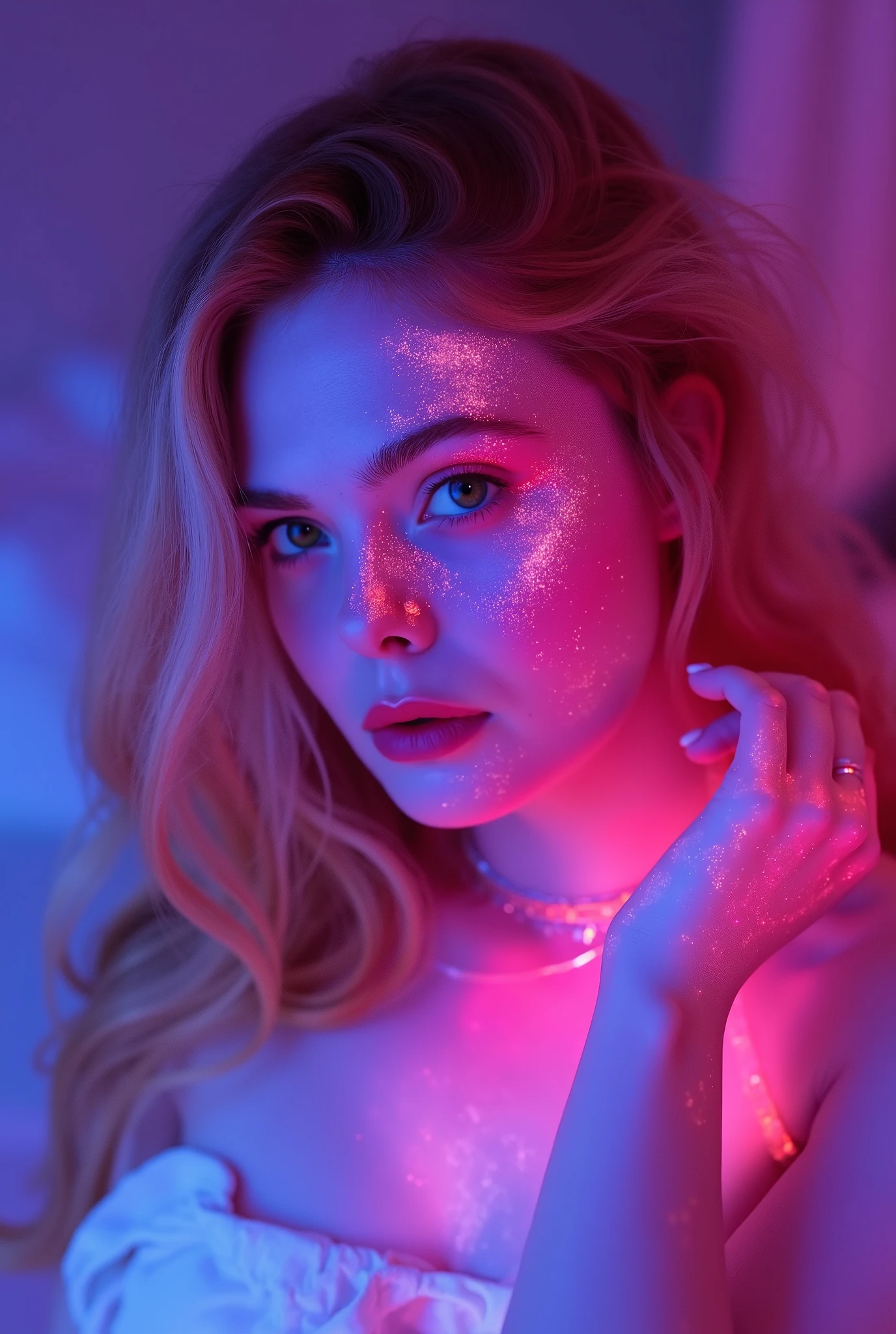blond woman with blue eyes and pink makeup posing in bed, glowing pink face, soft portrait shot 8 k, glowing magenta face, glowing with colored light, sexy girl with green eyes, glowwave girl portrait, magenta lighting. fantasy, glowing neon skin, color photograph portrait 4k, 8 k sensual lighting, glowing pink eyes, sexy face with full makeup. Neon eyes beautiful