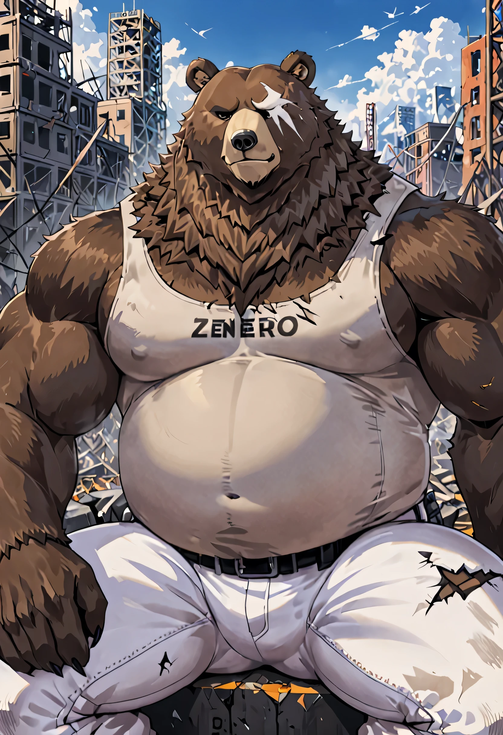 Bear from Ben (Zenless Zone Zero) A game in its full form, but rather the strength and the name of a muscle belly, wearing white pants and your white pants for the character( ben bigger) An angry smiling sitting on an old shattered city wallpaper A perspective close to his face many details wearing his regular clothes