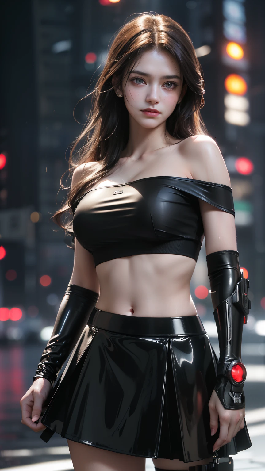 Highest quality, realistic, Superb details, exquisite, high resolution, 8K wallpaper, 1 beautiful woman, light brown messy hair. Wear cyberpunk clothes Showing short navel Sexy showing off small breasts black short skirt, Length 8 inches, Deep black leather shirt, Revealing the breasts on the shoulders, Long legs, Wearing high heels. The leather cuffs reach below the knees., Sharp focus, Perfect dynamic composition. Beautiful and detailed eyes, Beautiful red lips, Thin hair, detailed realistic textures, smile, close up, model&#39;shape of, Wear gloves, holding a short sword.