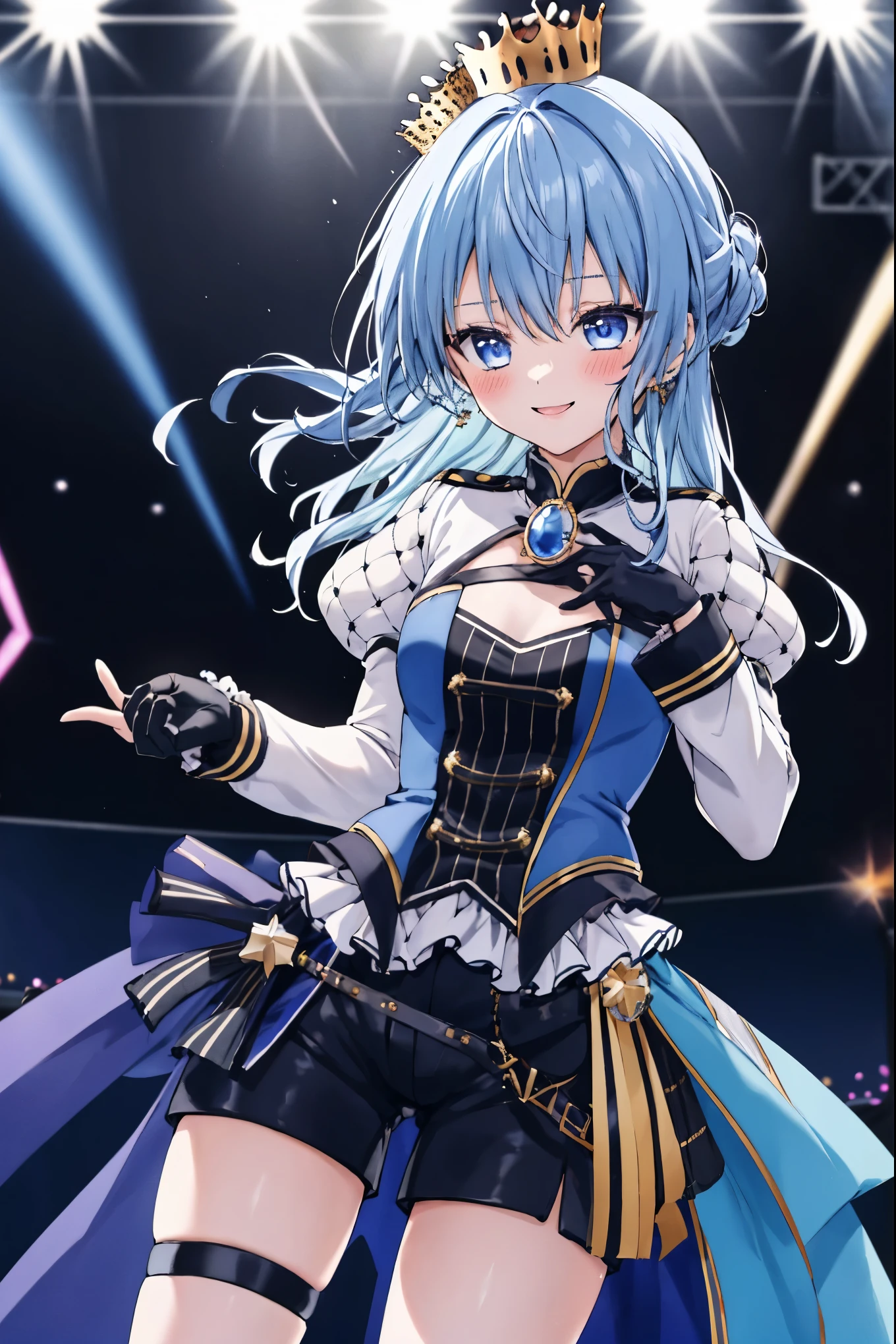 1girl, solo, concert, stage, stage lights, cowboy shot, idol, SuiseiStellar, long hair, half updo, tilted crown, white shrug \(clothing\), juliet sleeves, blue brooch, blue pinstripe shirt, blue vest, half gloves, blue shorts, half-skirt, o-ring thigh strap, single thigh boot ,small breasts,(((trembling))),(blush)0.4),smile,(angry_eyebrows:0.5),dynamic_standing, hold_out_one's_chest