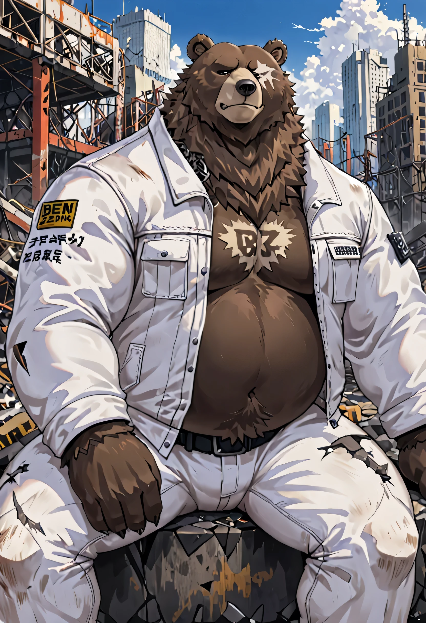 Bear from Ben (Zenless Zone Zero) A game in its full form, but rather the strength and the name of a muscle belly, wearing white pants and your white pants for the character( ben bigger) An angry smiling sitting on an old shattered city wallpaper A perspective close to his face many details wearing his regular clothes White jacket