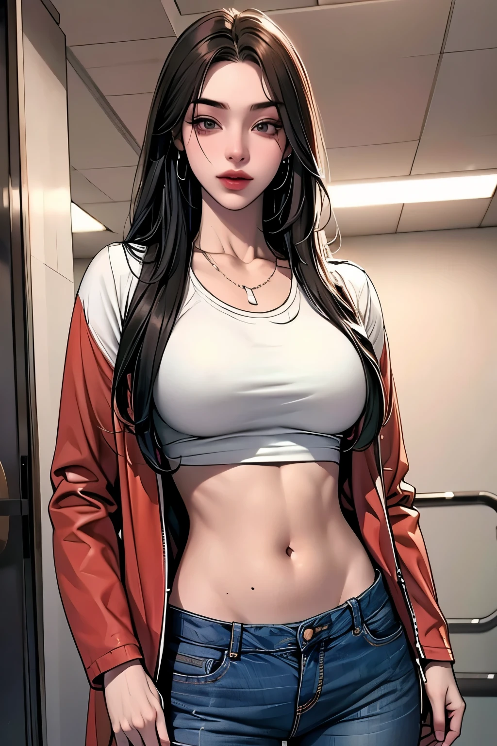 good anatomy, high-res, fit abdomen, perfect abdomen, modern england clothes, good clothes, great fashion, , beautiful young woman, pale skin, hazel eyes, soft red lipstick, soft black eyeliner, makeup, university clothes, university uniform, standing, posing, hiding hands, confident, earrings, necklace, black long hair, university student, red open jacket, crop top, jeans, anime hairstyle