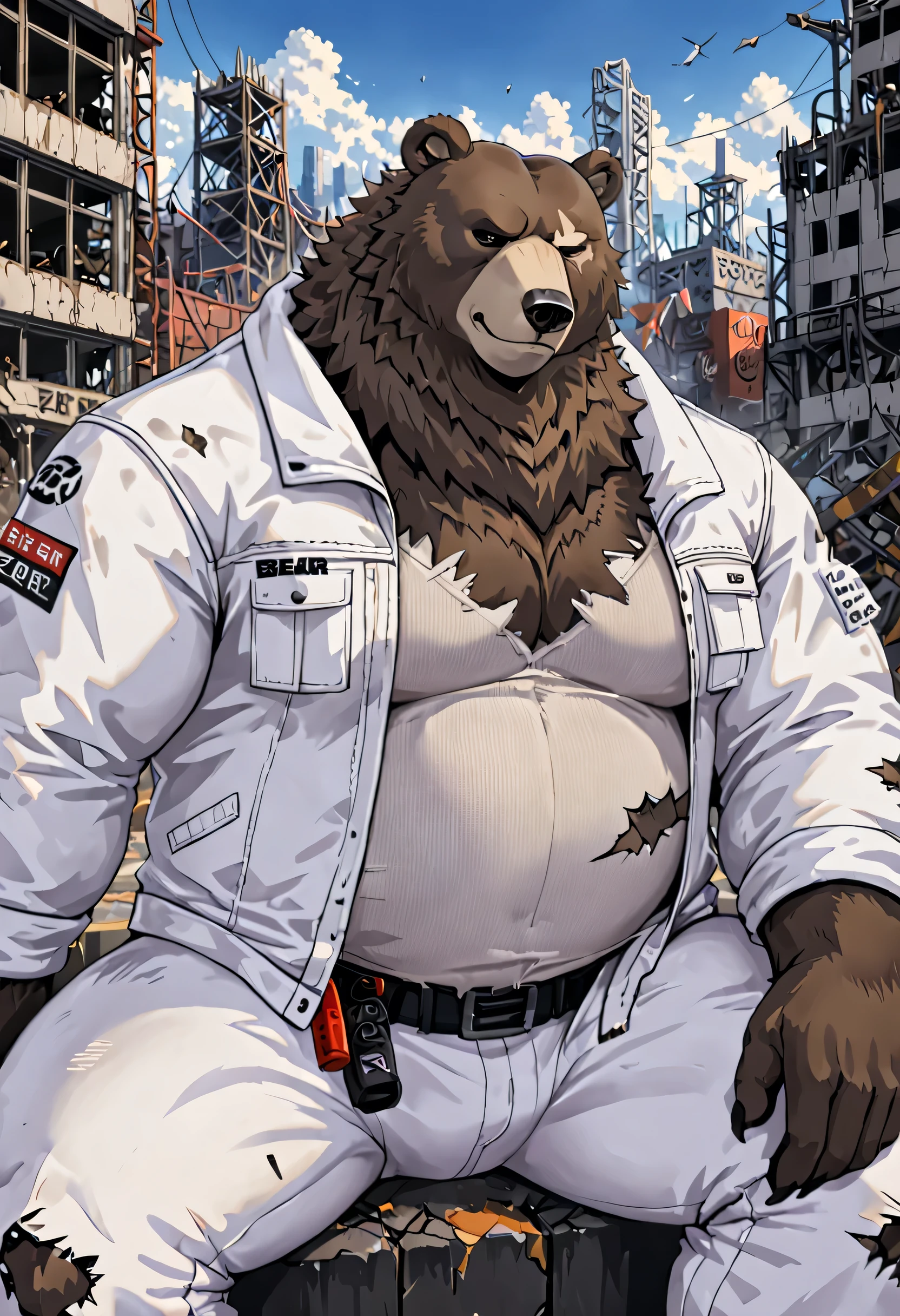 Bear from Ben (Zenless Zone Zero) A game in its full form, but rather the strength and the name of a muscle belly, wearing white pants and your white pants for the character( ben bigger) An angry smiling sitting on an old shattered city wallpaper A perspective close to his face many details wearing his regular clothes White jacket