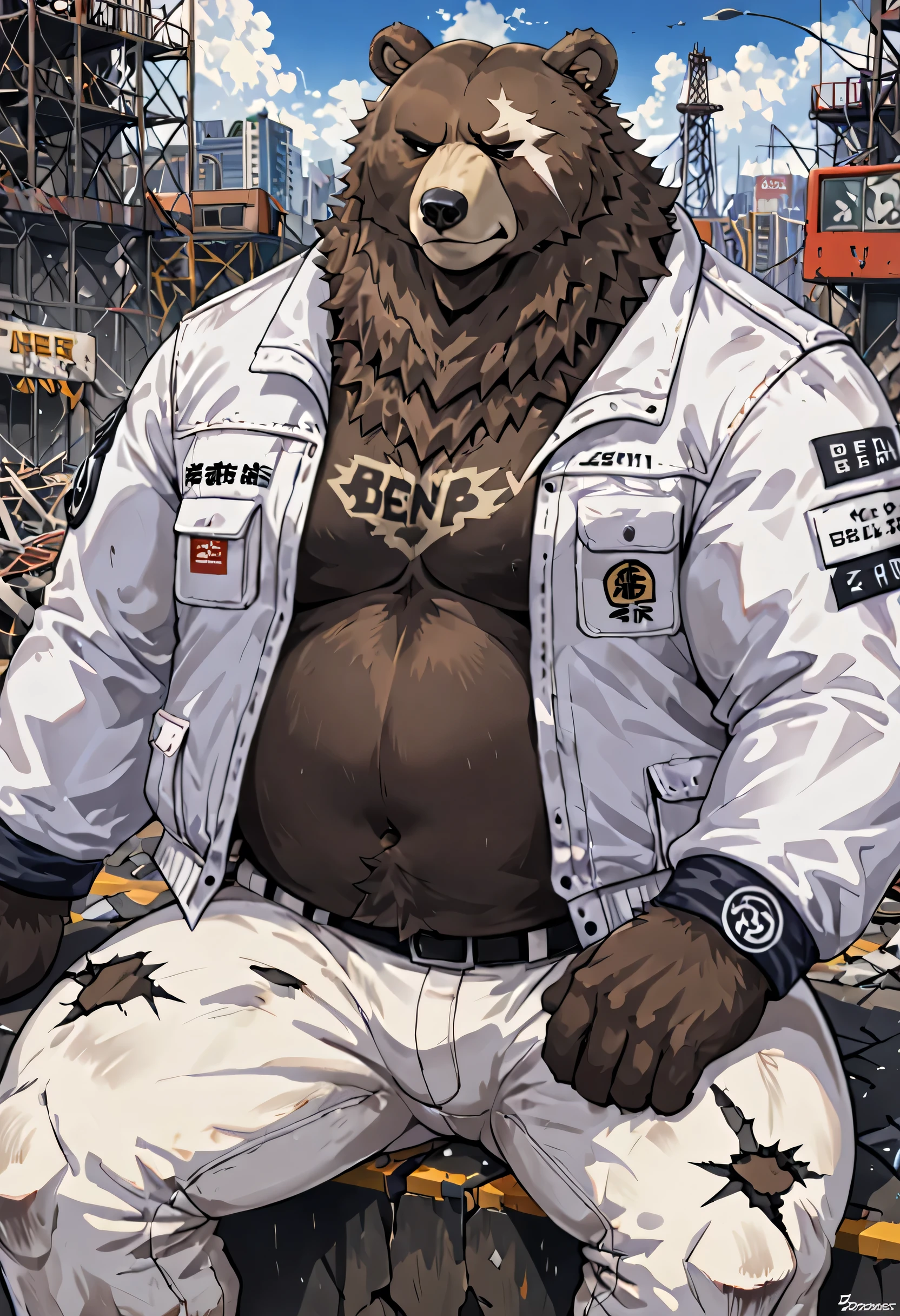Bear from Ben (Zenless Zone Zero) A game in its full form, but rather the strength and the name of a muscle belly, wearing white pants and your white pants for the character( ben bigger) An angry smiling sitting on an old shattered city wallpaper A perspective close to his face many details wearing his regular clothes White jacket