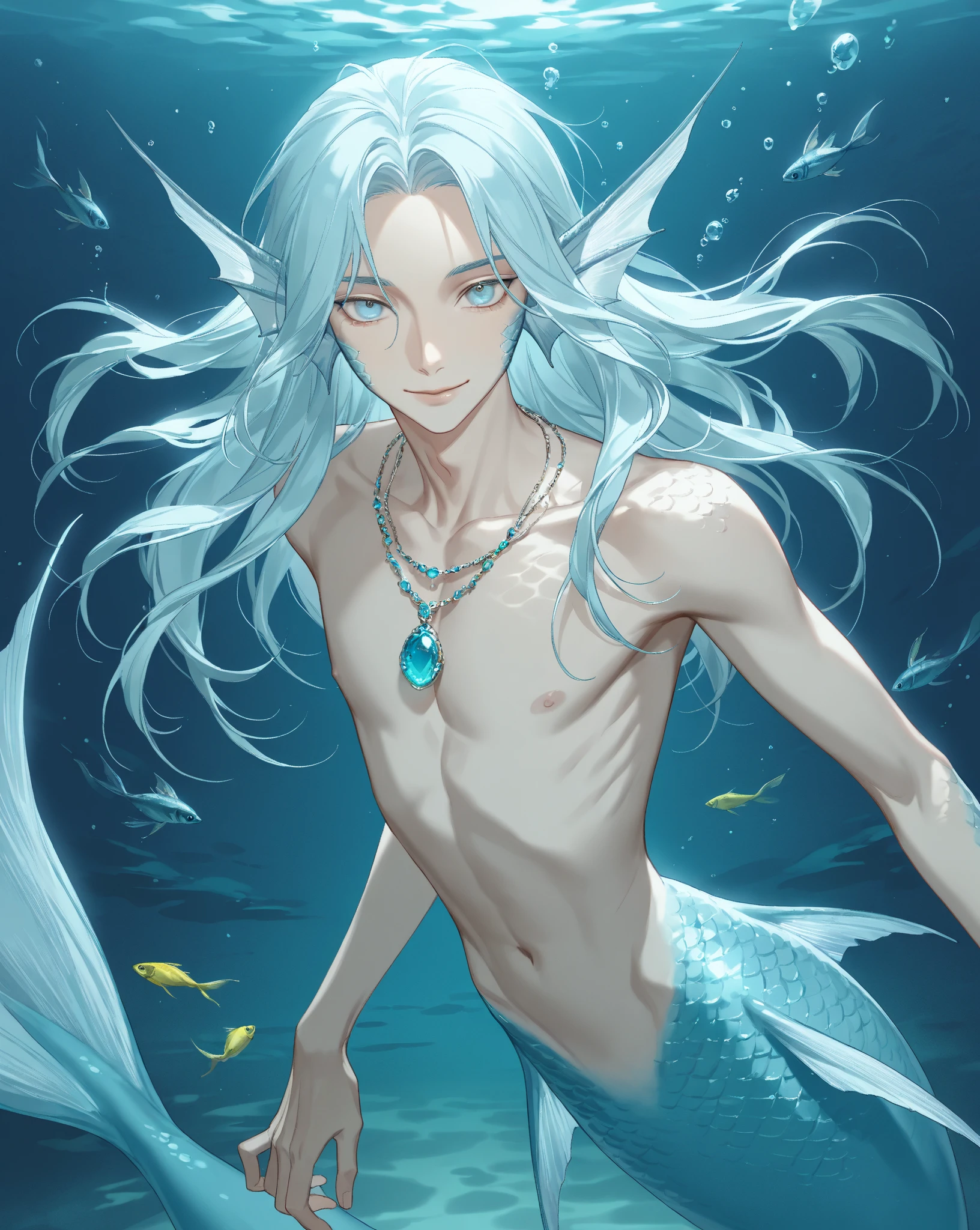 masterpiece, best quality, 1 male, aldult, Mature, Long blue hair，Liuhai Zhongfen，curls，mermaid，light blue skin，blue eyes，Elf ears