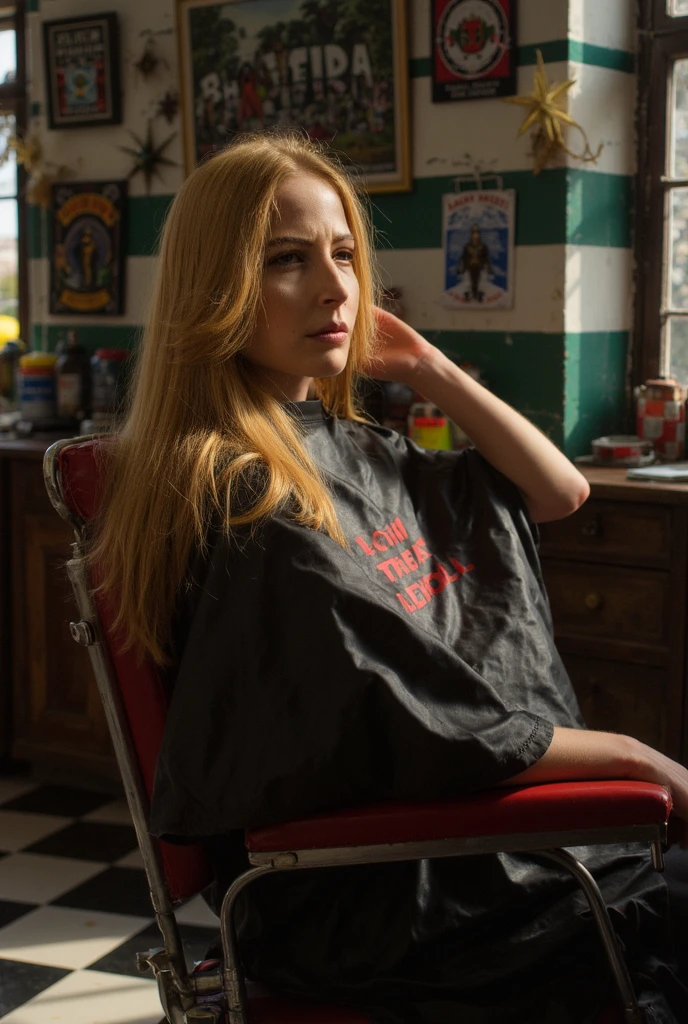 A portrait of a blonde woman named st3v13 with a buzzcut and a concerned expression. Dramatic lighting casts down upon her as she sits in a classic red barber chair, a black hairdressing cape draped over her. A large amount of fallen blond hair is scattered across the cape. She is posing with her hand on the back of her head, glancing upwards. It is late afternoon in the summer, sunlight hitting the black and white tiled floor of the classic main street barbershop.