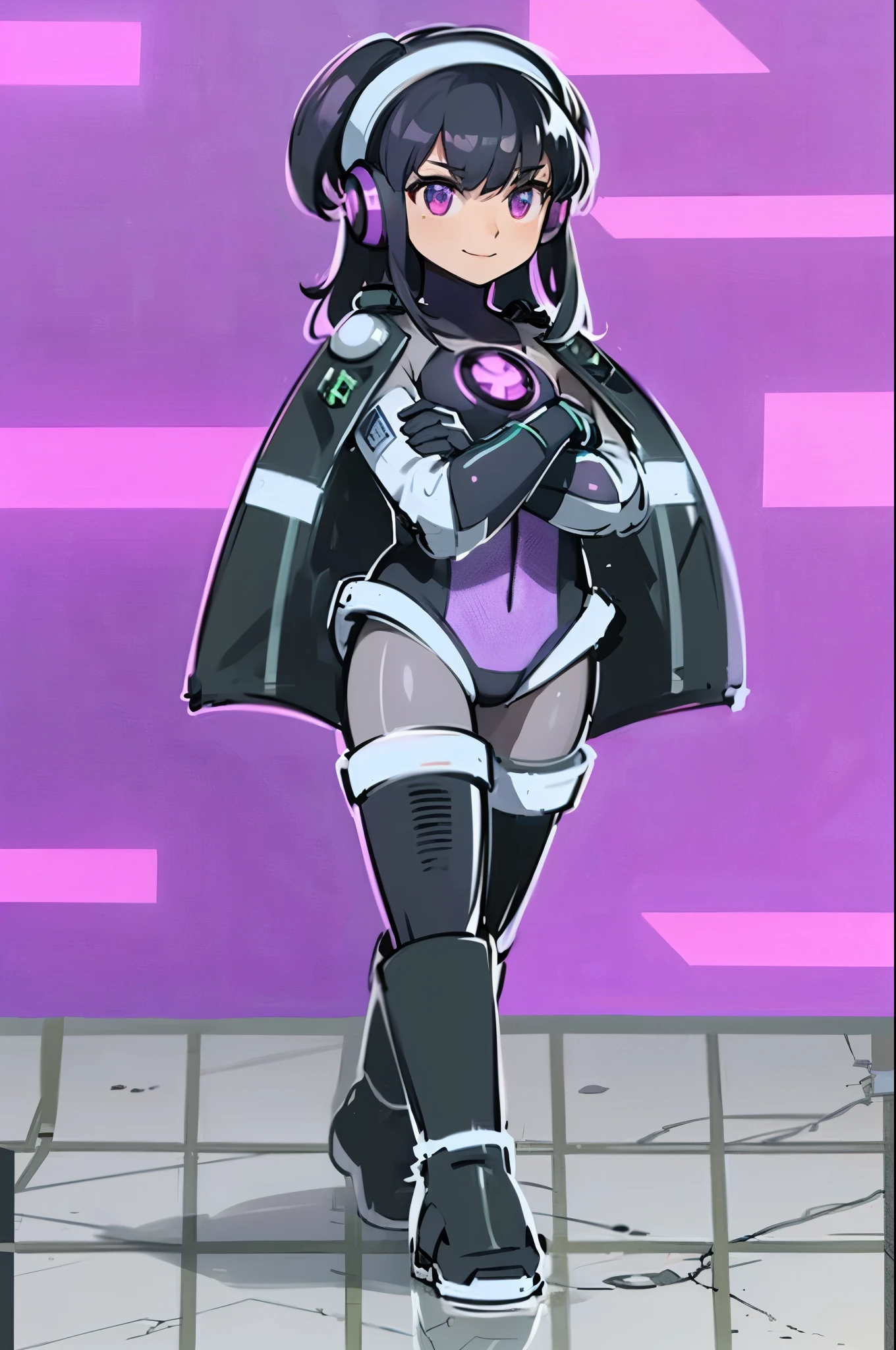 (Masterpiece, best quality, ultra-detailed, high resolution, intricate details, realistic lighting, dynamic composition) A serious-looking girl with a subtle smile, standing confidently with her arms crossed. She has striking red eyes and long, flowing black hair styled into twin tails, adorned with a violet beret and futuristic headphones. Her lips are painted black, adding to her mysterious aura. She wears a sleek, form-fitting grey and black bodysuit, complemented by long black gloves and thigh-high black boots. The environment is a mesmerizing cybernetic world—an expansive sci-fi-inspired cyberspace with a deep blue and purple digital sky. The ground beneath her is a weathered stone floor, cracked and broken, adding a sense of decay and mystery. The scene is illuminated by soft, neon-blue lighting, casting futuristic glows and reflections.