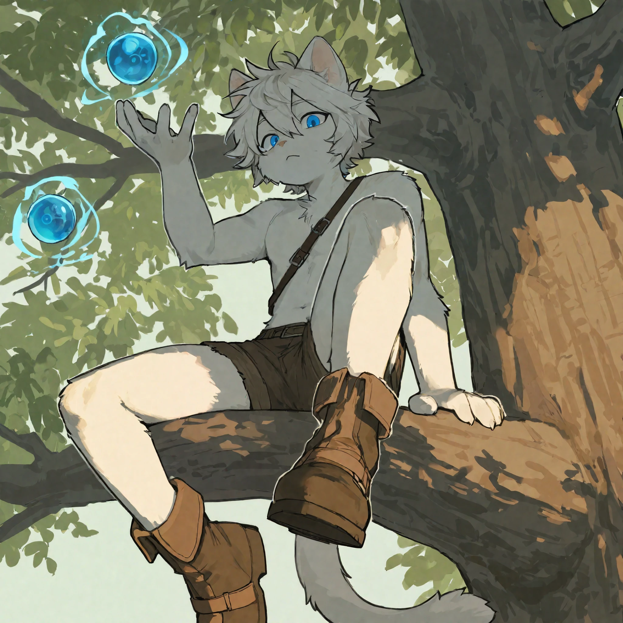 source_ furry, furry male,,((boy )),cat boy ,short hair,masterpiece, newest,absurdres, incredibly absurdres, messy hair, cute anthro, Alone,Fantasy world,hand, perfect hand,boy sitting on tree branch, Staring at the Audience 、Look down and stare、cutely grumpy、Alert, shorts, boots, magic balls at fingertips , dynamic composition looking at viewers、 Active Angle、leg focus、foot focus、 anime、blue eyes, BLUEIRIS,to milkytiger1145 , author: k0bit0wani ,( cute),boy