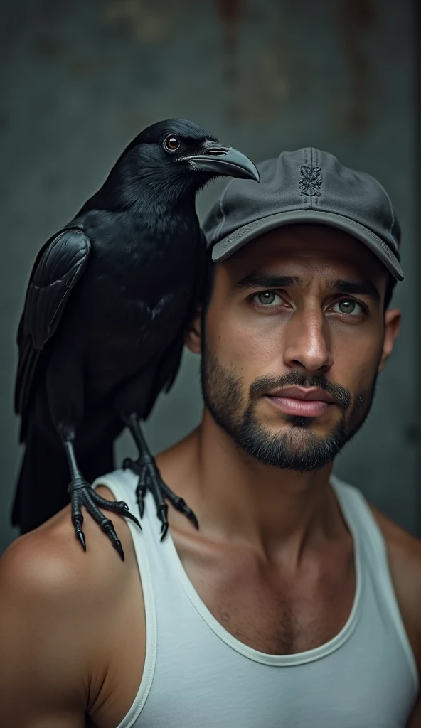 Handsome and naked man holding a black raven. Mountains behind of him. Image must be inspired by stories of Edgar Alan Poe. Mistery image. Realistic. Photography.