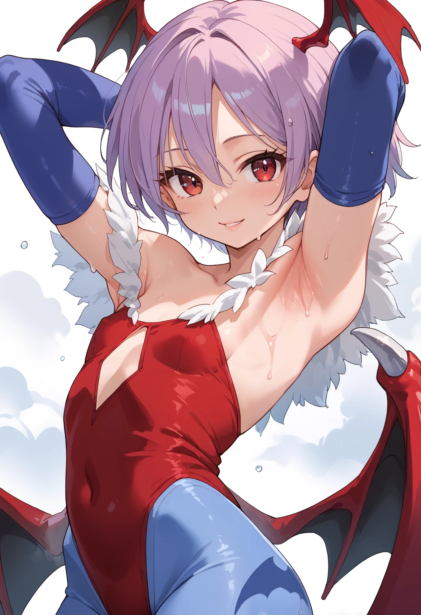 score_9, score_8_up, score_7_up, score_6_up, score_5_up, score_4_up, source_anime,newest,game cg,dutch angle, ultra-detailed face, beautiful detailed eyes,
1girl,solo,lilith,wings,animal print,pantyhose,head wings,red leotard,diamond cutout,short hair,red eyes,bridal gauntlets,purple hair,bare shoulders,collarbone,blue legwear,bat wings,smile,simple background,looking at viewer,upper body,arms behind head,wet,sweat,armpit focus,drivel, be breathless, very humid, (steam:1.5),side view,