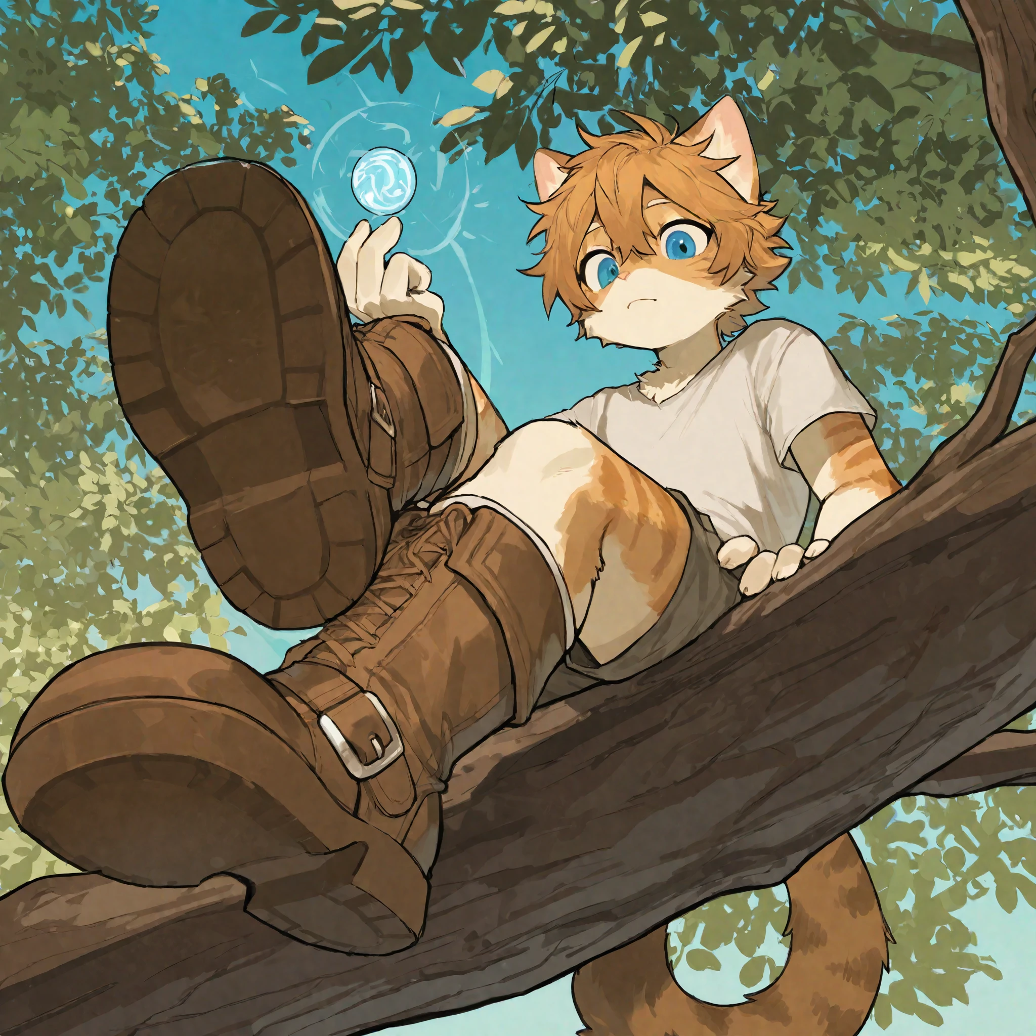 source_ furry, furry male,,((boy )),cat boy ,short hair,masterpiece, newest,absurdres, incredibly absurdres, messy hair, cute anthro, Alone,Fantasy world,hand, perfect hand,boy sitting on tree branch, Staring at the Audience 、Look down and stare、cutely grumpy、Alert, shorts, boots, magic balls at fingertips , dynamic composition looking at viewers、 Active Angle、leg focus、foot focus、 anime、blue eyes, BLUEIRIS,to milkytiger1145 , author: k0bit0wani ,( cute),boy
