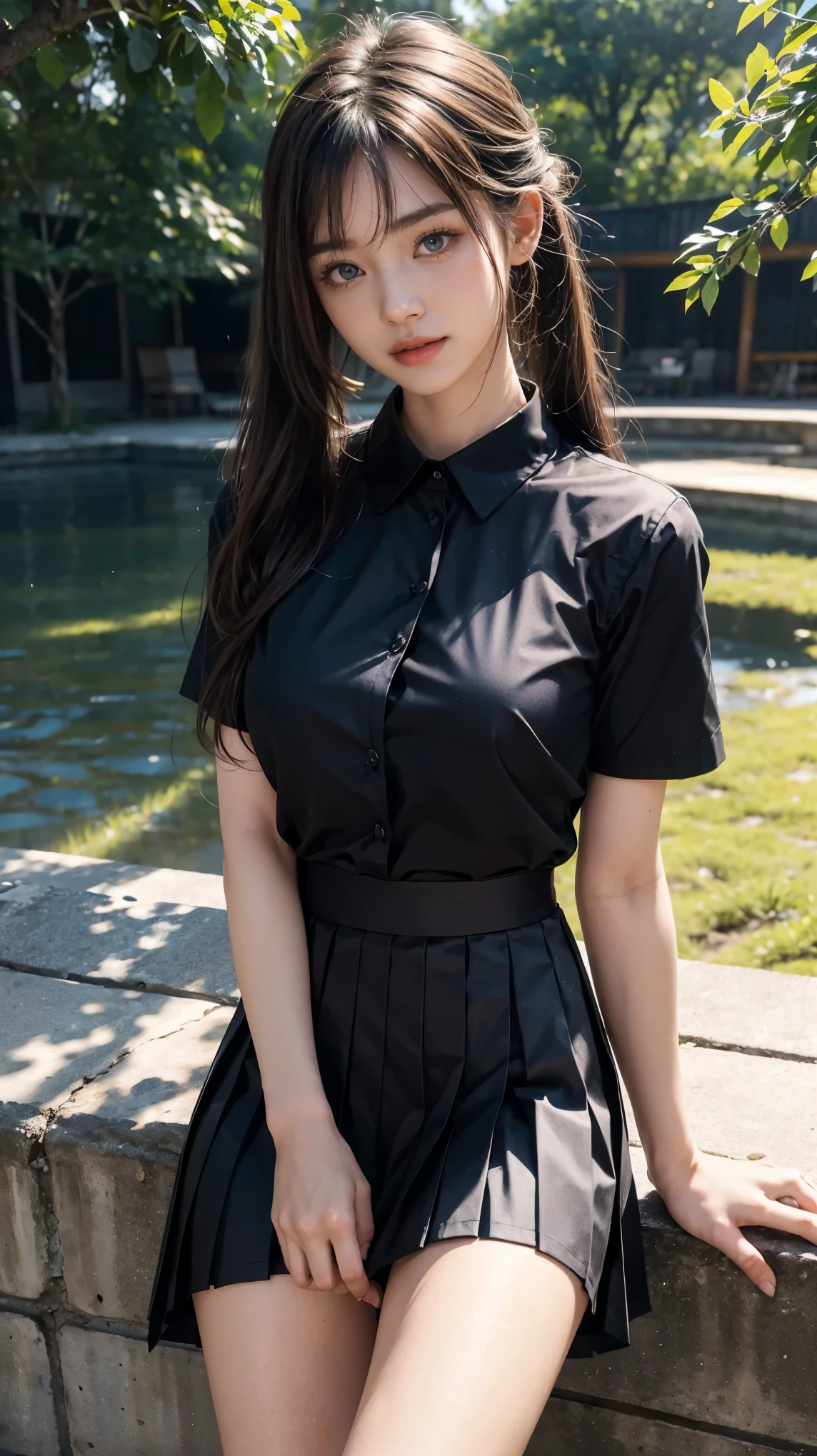 Arafed asian woman in a black shirt and skirt posing for a picture ...