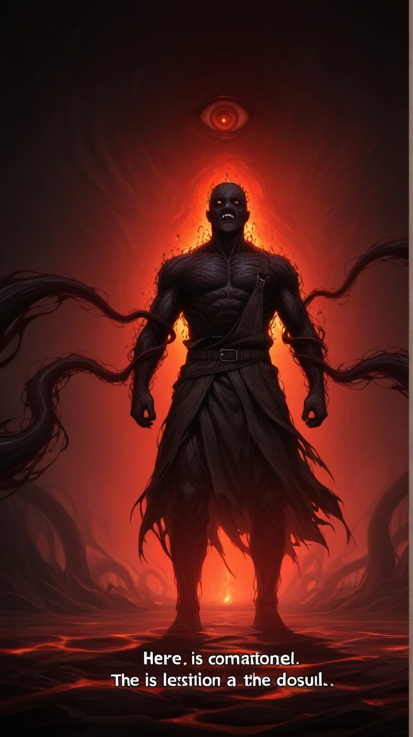 Anime villian with a small buff body, a dark cloak, full dark cloathes, no skin showing, dark aura and a red bandanna soing an evil pose giving off a menacing stare. 