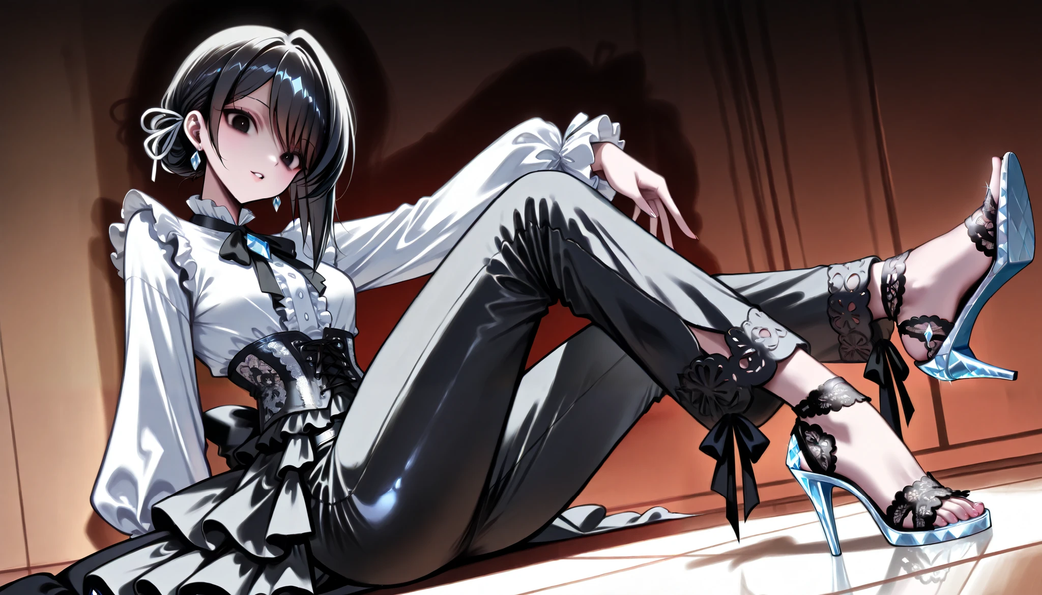 Cool women、beauty、Yandere、Christian Dior Necklace、(dark background, sitting on the floor pose)、(black hair, black eyes)、((black corset, black frilly full clothed blouse, black pants, e-girl fashion, (white peals and black lace), (fully-clothed))), ((ribbons)), (((diamond heels)))