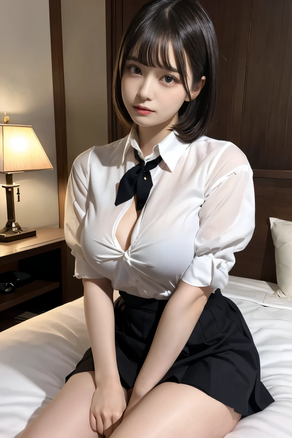 Highest quality,Surrealism,Very detailed,8k), teenager, , cute, pale, Big Blue Eyes, Very white skin, Small Nose, Brown Super Shorthair,With bangs, melancholy, beautifully, Feminization, Plump, Sit astride the bed, Short Ponytail Hairstyles, Checked mini skirt, whole body,pantyhose, Spread your legs, Color close to the real thing, Sexy red lips, whole body, ((Sit astride so your thighs are visible)).