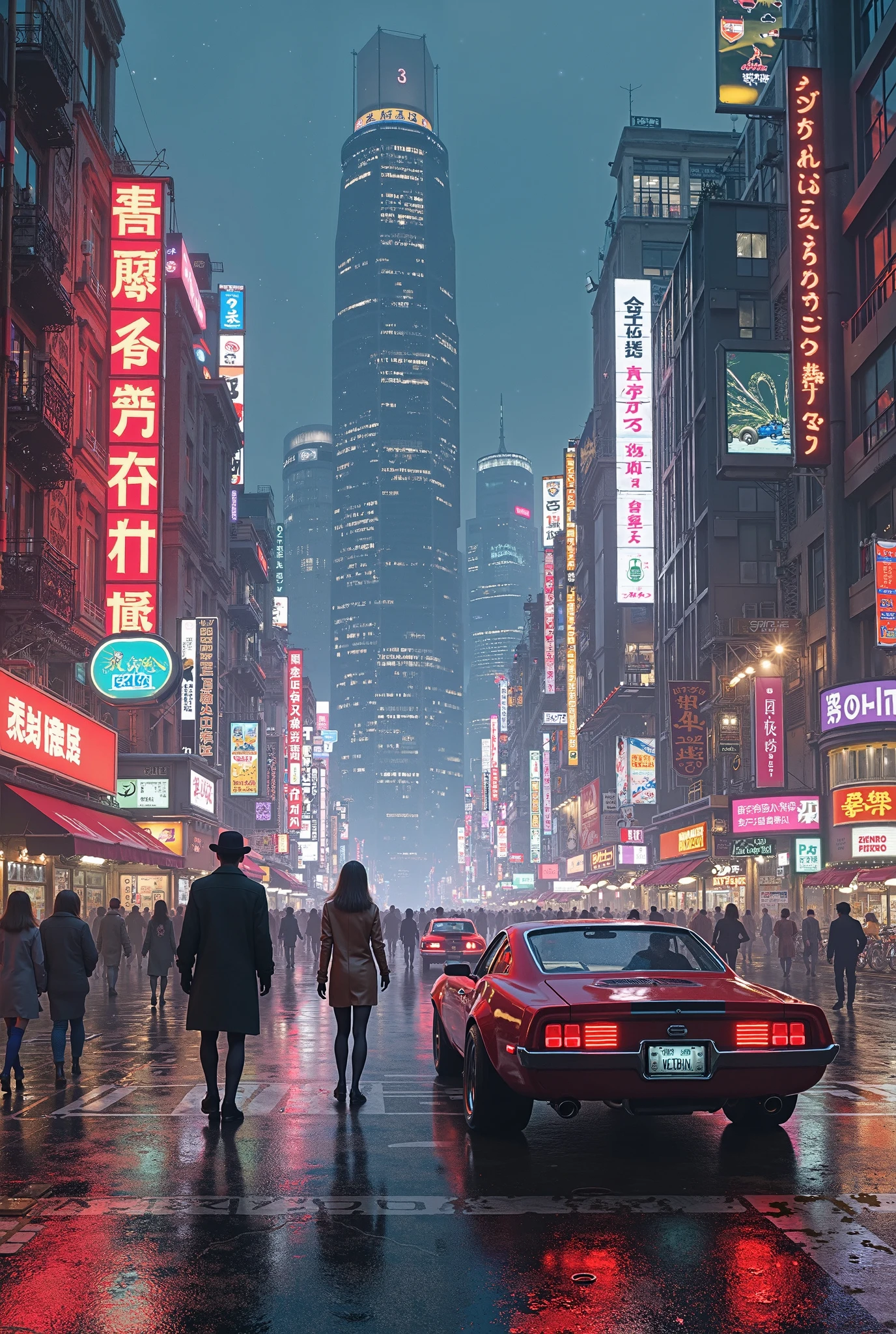 Pedestrians and cars on a city street at night with neon signs - SeaArt AI