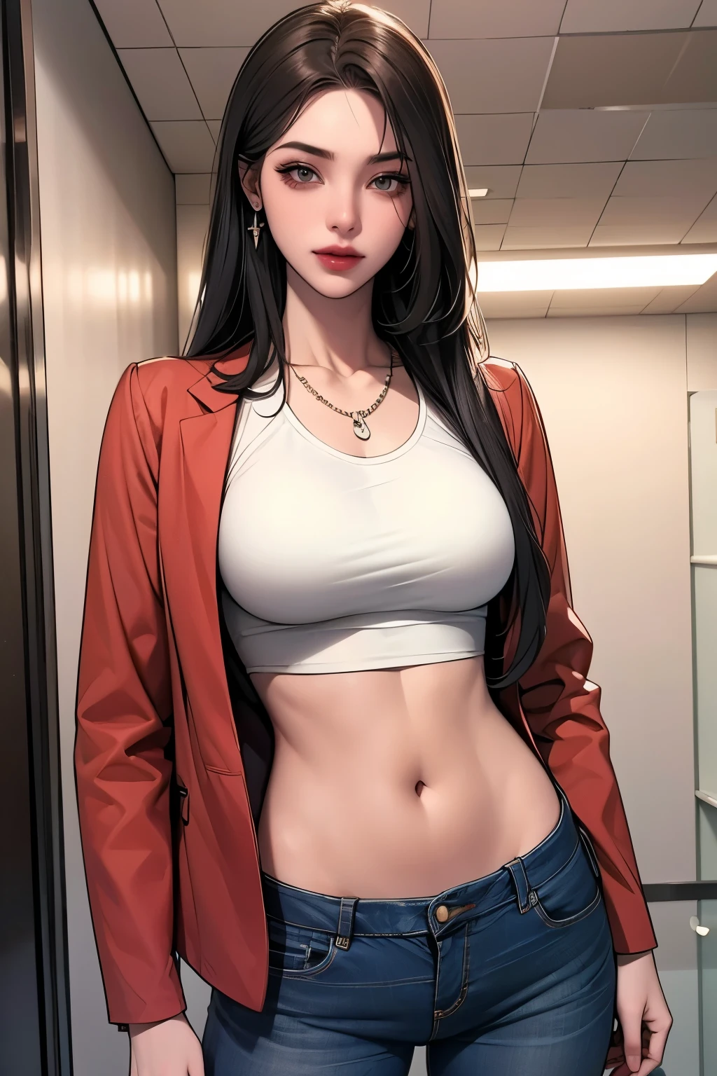 good anatomy, high-res, fit abdomen, perfect abdomen, modern england clothes, good clothes, great fashion, , beautiful young woman, pale skin, hazel eyes, soft red lipstick, soft black eyeliner, makeup, university clothes, university uniform, standing, posing, hiding hands, confident, earrings, necklace, black long hair, university student, red open jacket, crop top, jeans, anime hairstyle