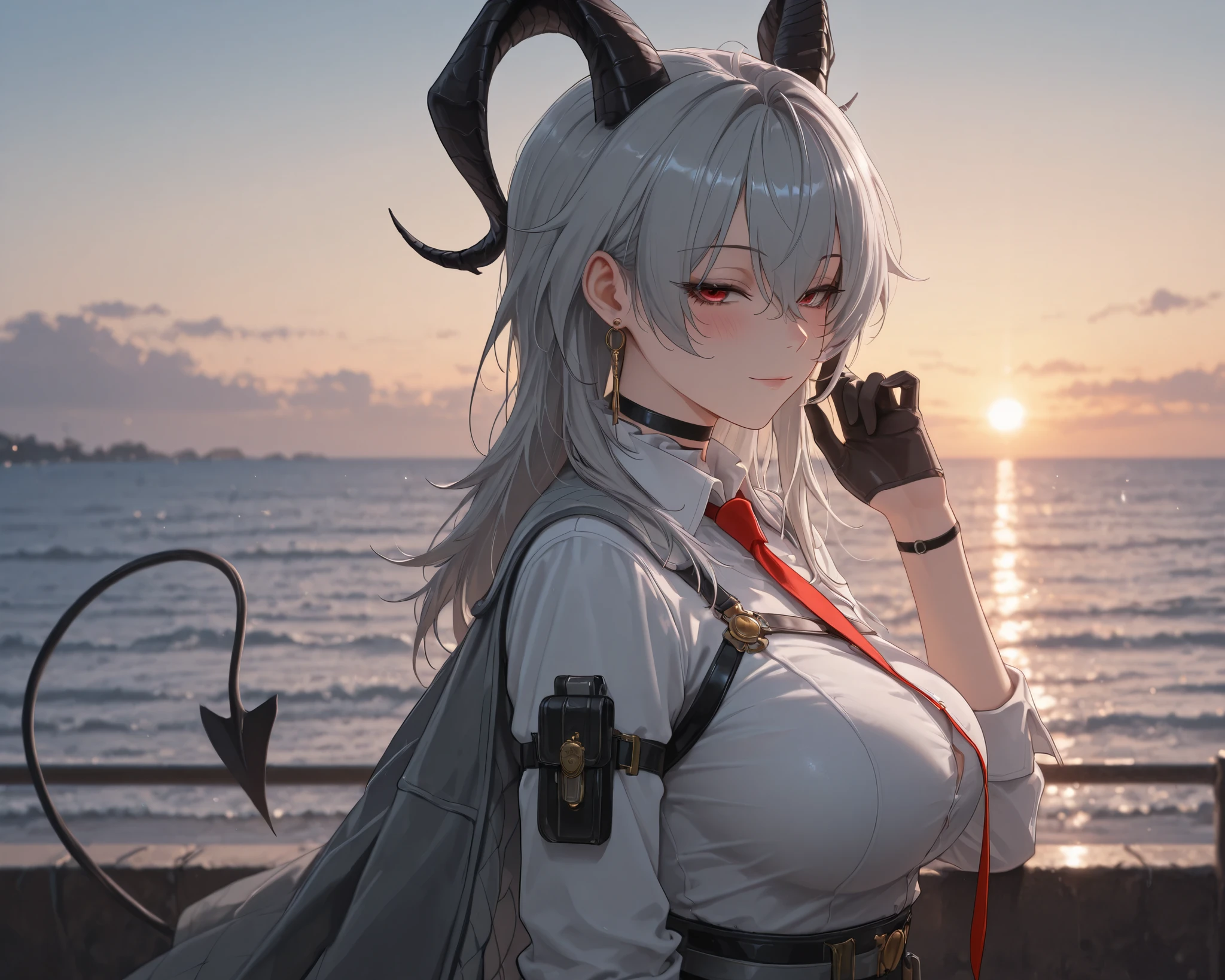 ((solo)), from side,hair tucking, head tilt, half closed eyes, light smile, blush, z4ni, demon tail, long hair, multicolored hair, grey hair, hair between eyes, goat horns, demon horns, red eyes, large breasts, grey coat, coat on shoulders, white shirt, collared shirt, red necktie, long sleeves, black gloves, half gloves, earrings, black choker, upper body, looking at viewer, outdoors, seaside view, sea, amazing masterpiece, top quality, high fashion, absurdres extremely, HDR, intricate details, vivid colors