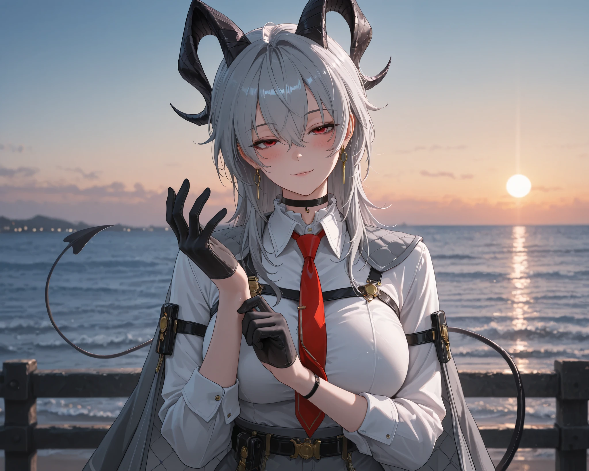 ((solo)), adjusting gloves, head tilt, half closed eyes, light smile, blush, z4ni, demon tail, long hair, multicolored hair, grey hair, hair between eyes, goat horns, demon horns, red eyes, large breasts, grey coat, coat on shoulders, white shirt, collared shirt, red necktie, long sleeves, black gloves, half gloves, earrings, black choker, upper body, looking at viewer, outdoors, seaside view, sea, amazing masterpiece, top quality, high fashion, absurdres extremely, HDR, intricate details, vivid colors