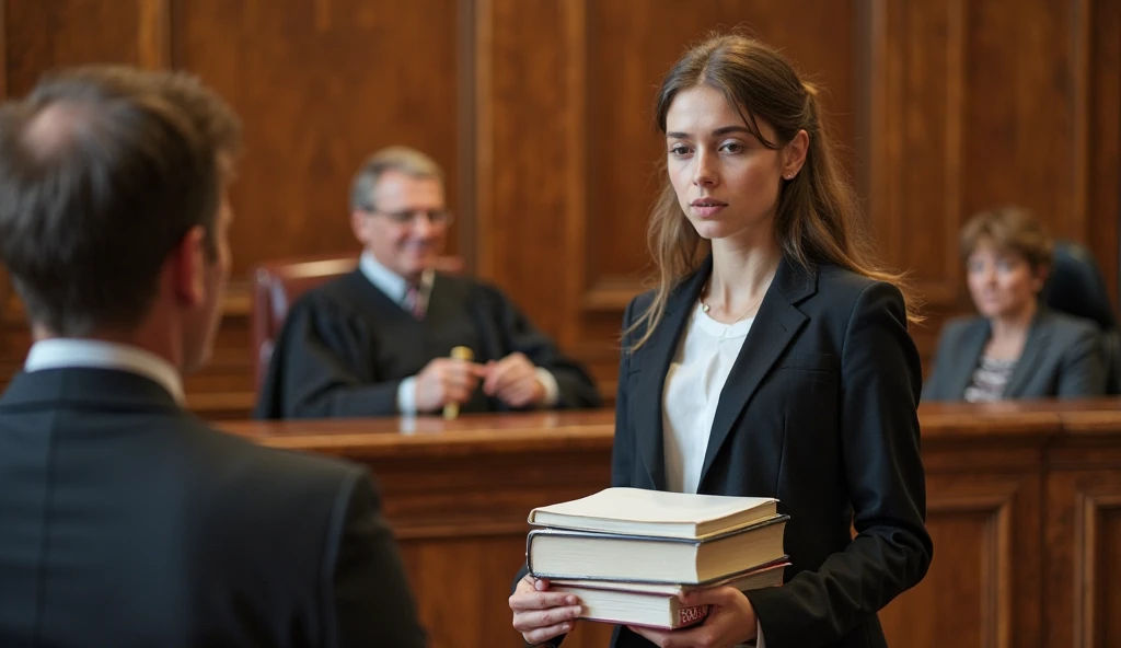 A courtroom scene with a judge sitting at the bench, holding a gavel and smiling. A young woman stands before the judge, wearing a dark professional suit, with a tense expression on her face, holding a stack of books. The background includes a few people sitting in the audience, blurred out. The atmosphere is solemn, with a wood-paneled courtroom setting, and the focus is on the judge and the young woman 