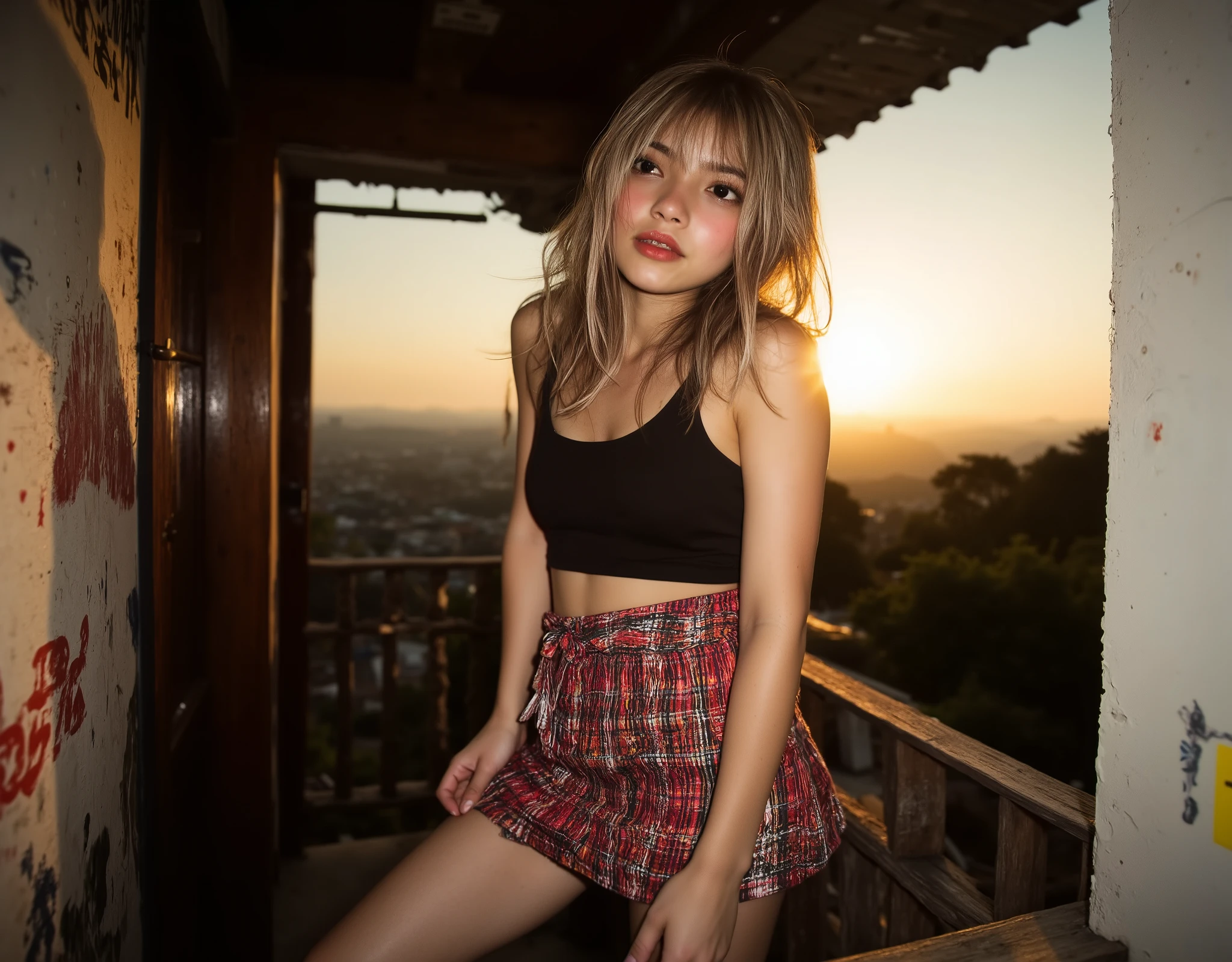 (outdoor veranda sitting on the comfy couch during sunset, amber colored skies) (Sexy voluptuous slim hourglass figure) (realistic,life-like skin texture,symmetrical,{(aesthetically pleasing)} ,cinematic composition,detailed portrait,photorealistic,masterpiece,ultra-detailed,sharp focus,physically-based rendering,extreme detail description,professional,vivid colors,high resolution,4K,studio lighting,dramatic lighting,dramatic shadows,cute girl at the veranda at her home during evening relaxing in the outdoor couch, Metro Manila, philippines, Evening, nighttime, Cute tan brown-skinned Filipina-korean goth girl, Cute and adorable milf mommy wearing her sexy and alluring Cute girl in a black and white loose tanktop and mini-skirt at the veranda at home during sunset relaxing in the outdoor couch fit athletic toned sexy fit and athletic Filipina-korean woman, tan skin photorealistic and life-like taken from a Leica m9 50mm 1.2, lowlight photography, 4kPhoto_PDXL Photorealistic(adorable and alluring cute korean goth girl) (Large perky breasts, enticing and delectable décolletage) downblouse (photorealistic and life-like portrait, beautiful and realistic life-like skin texture) (photography flash fill lights)(rustic and homey filipino style country home in the mountains with the city in the background) (large perky breasts:1.2) , homey and cozy clothing , cute stylish but casual clothes, croptop midriff baby t-shirt and plaid mini-skirt , Beautiful autumn amber skies (Large and prominent perky breasts) Flash photography, gyaru, Aesthetically pleasing cinematic composition, epic perspective, dramatic lighting and shadows, features a young woman with long, slightly tousled dark hair sitting on a cozy outdoor patio during sunset. She has a relaxed yet intense gaze, with soft lighting highlighting her smooth skin and subtle makeup. She is wearing a black crop top and plaid mini-skirt, (perfect anatomical form) (no extra limbs, no extra fingers)