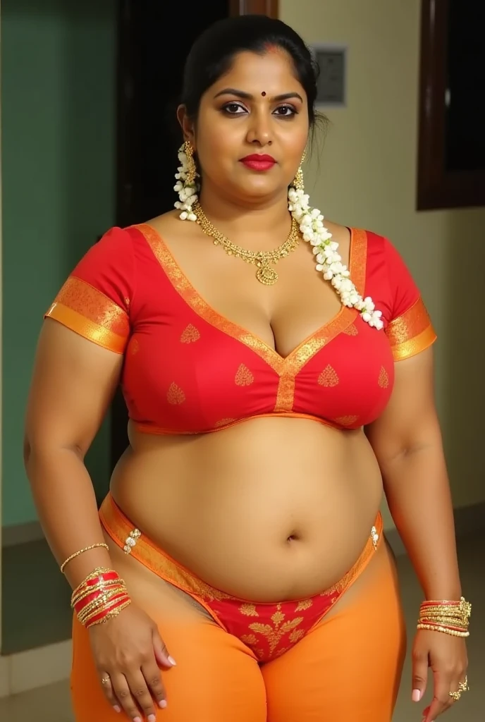 A indian.plus size bhabhi wearing red skirt and pink blouse, she has big belly wide hips, big buttocks , fat legs