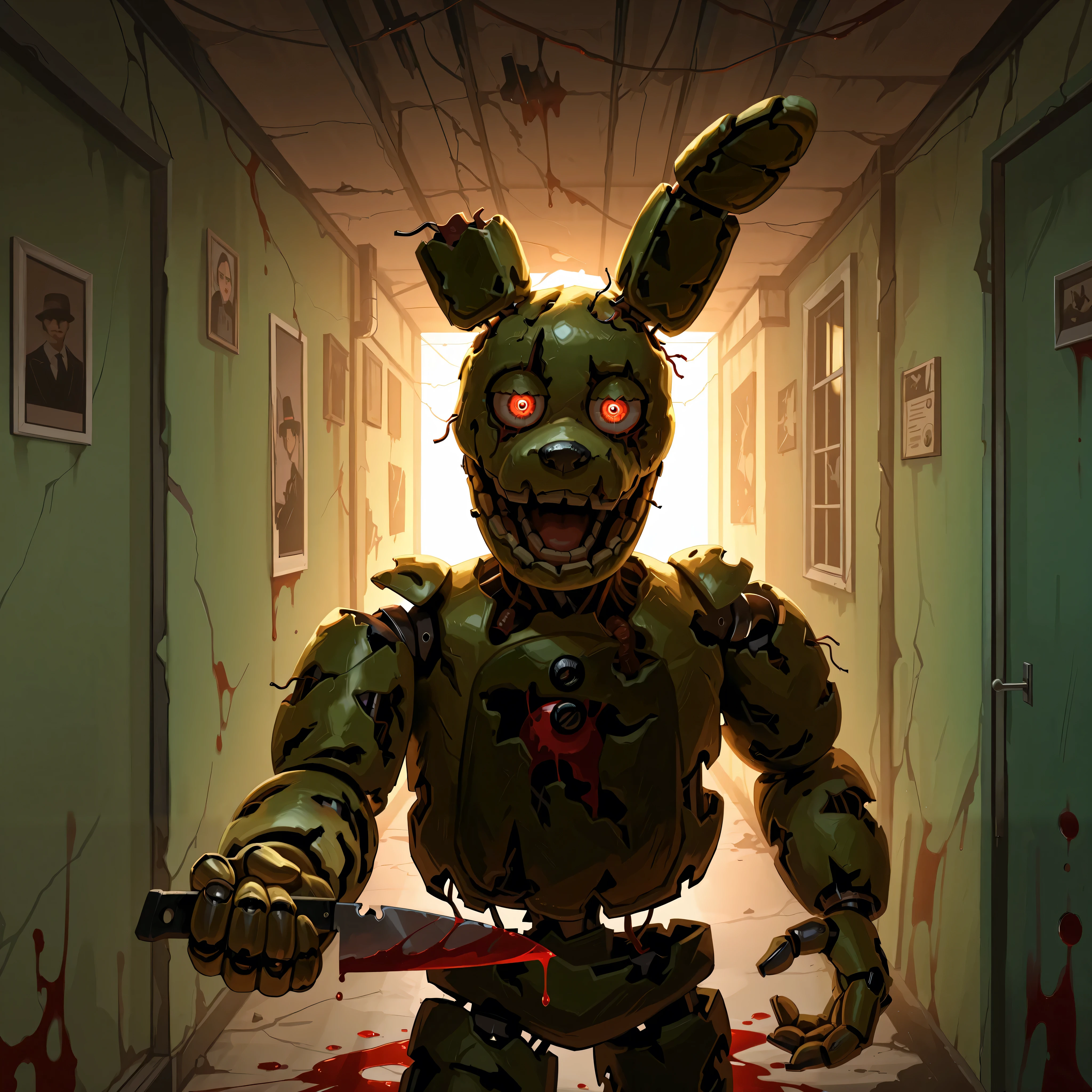 score_9, score_8_up, score_7_up, solo, masterpiece, best quality, amazing quality, absurdres, newest, high res, ultra detailed, best quality, best artwork, detailed eyes, (eyes focus), perfect eyes, 4k, ultra quality, perfect face, realistic:0.5, ultra realism, pitch black hallway, detailed scenery, abandoned dark hallway, springtrap, animatronic, robot, open mouth, sinister feeling, holding up lit lighter, spilled gasoline, blood on knife