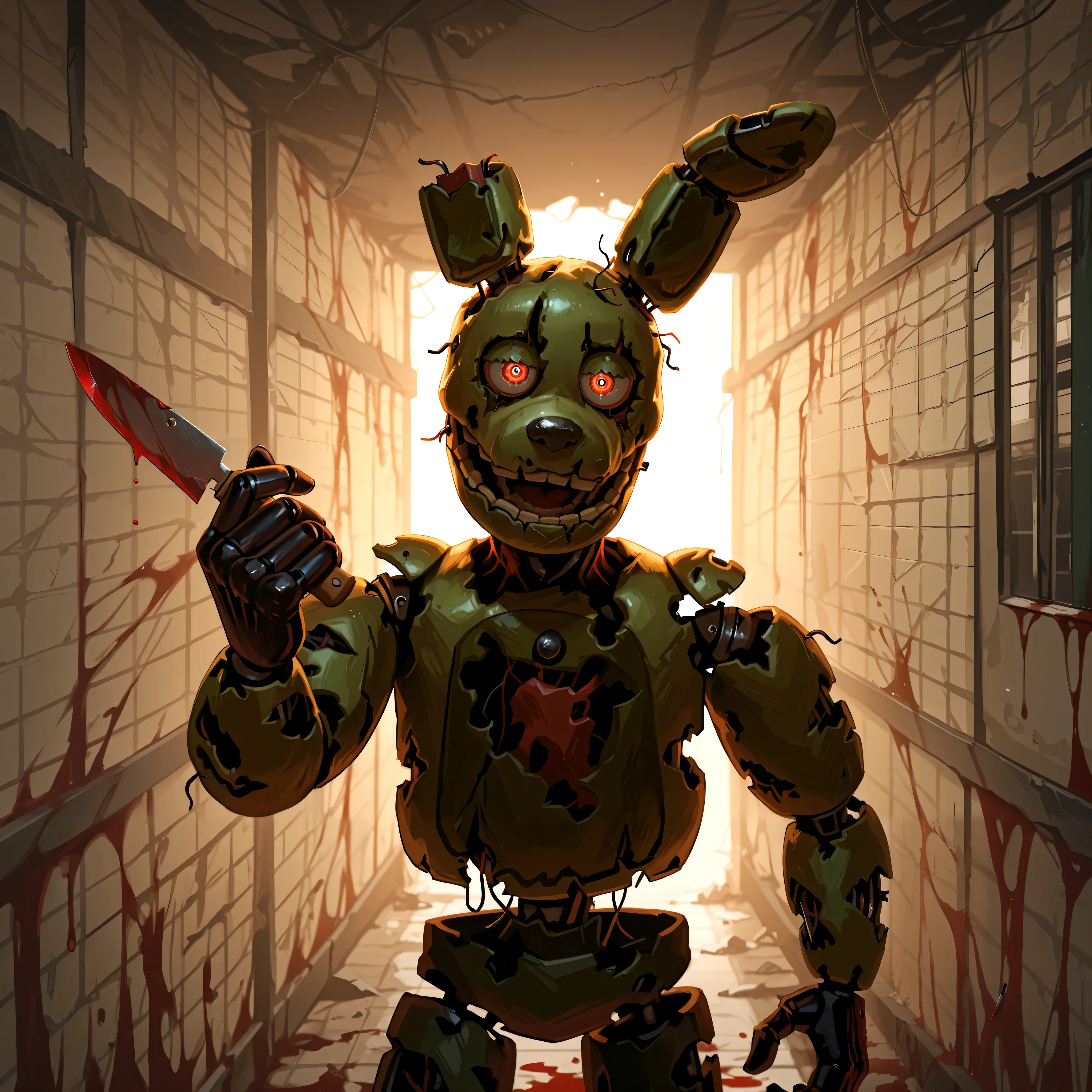 score_9, score_8_up, score_7_up, solo, masterpiece, best quality, amazing quality, absurdres, newest, high res, ultra detailed, best quality, best artwork, detailed eyes, (eyes focus), perfect eyes, 4k, ultra quality, perfect face, realistic:0.5, ultra realism, pitch black hallway, detailed scenery, abandoned dark hallway, springtrap, animatronic, robot, open mouth, sinister feeling, holding up lit lighter, spilled gasoline, blood on knife