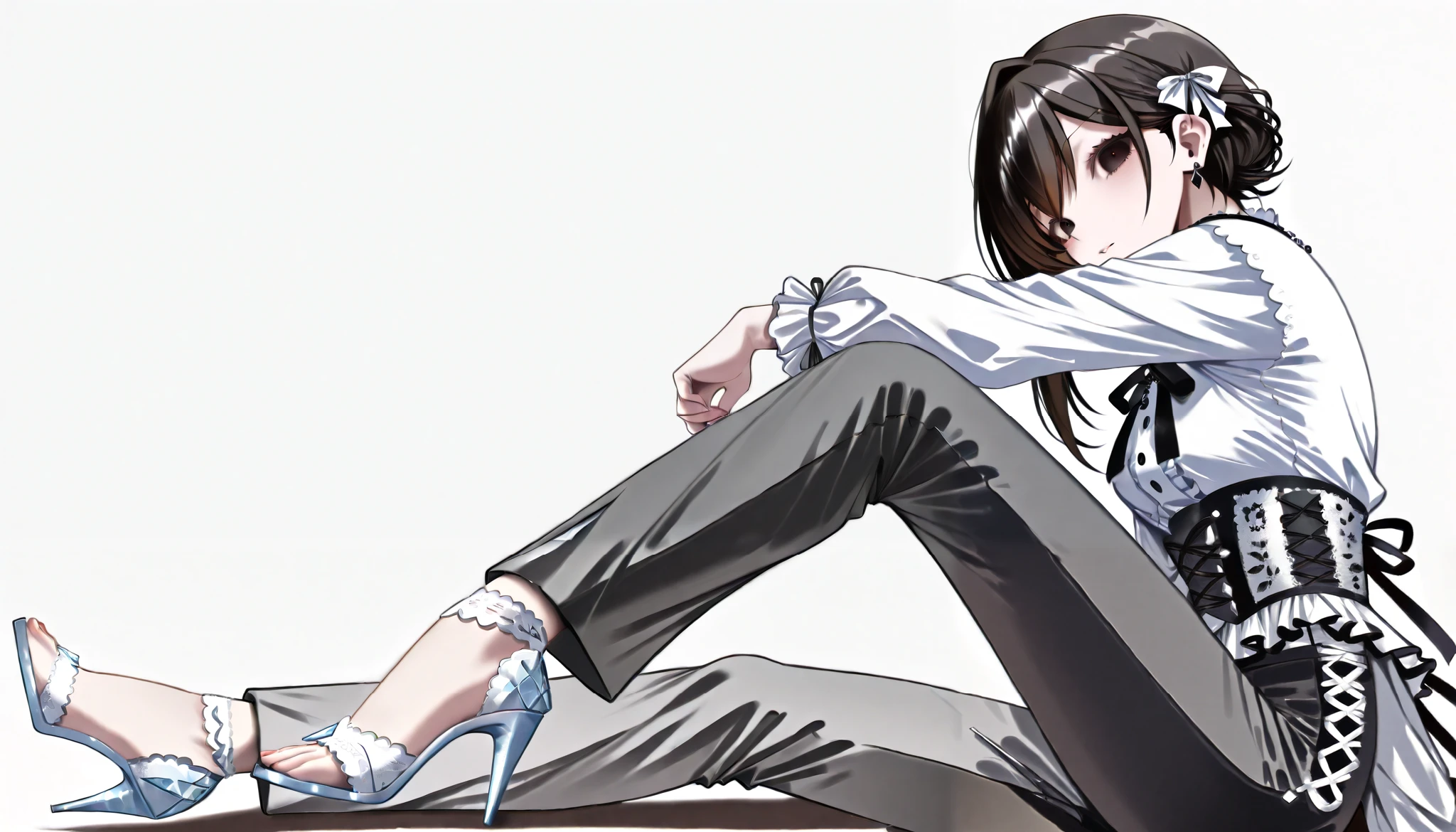 Cool women、beauty、Yandere、Christian Dior Necklace、(black lace background, sitting on the floor pose, view from side)、(black hair, black eyes)、((black corset, black frilly full clothed blouse, black pants, e-girl fashion, (white peals and black lace), (fully-clothed))), ((ribbons)), (((diamond heels)))
