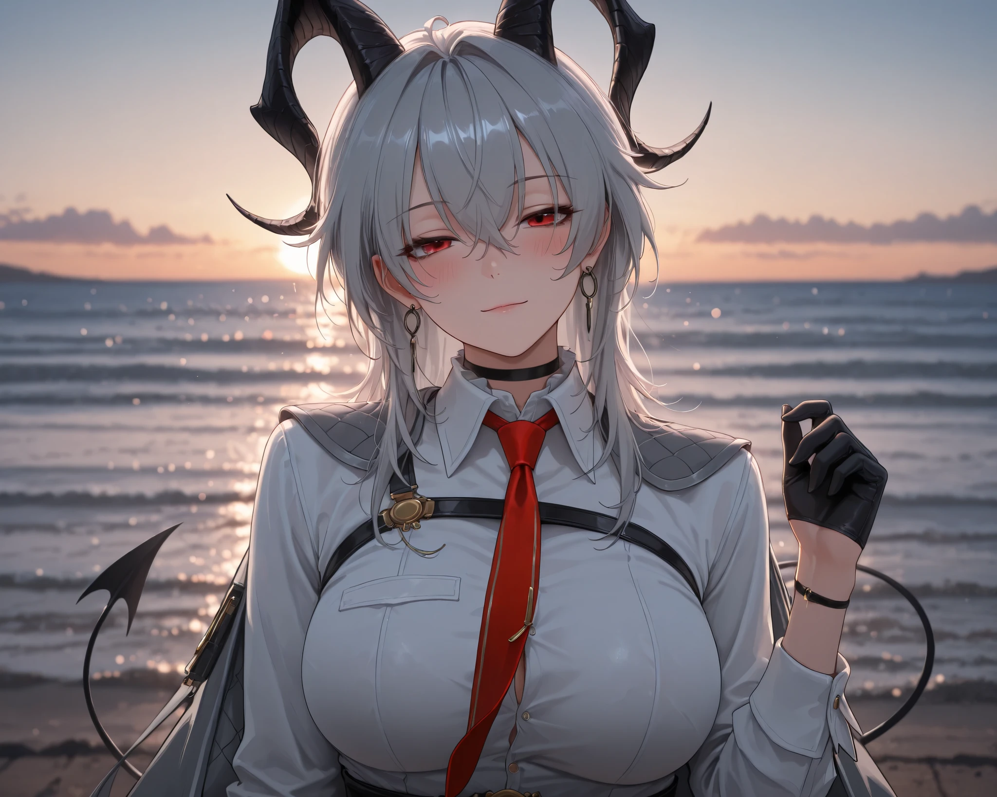 ((solo)), head tilt, half closed eyes, light smile, blush, z4ni, demon tail, long hair, multicolored hair, grey hair, hair between eyes, goat horns, demon horns, red eyes, large breasts, grey coat, coat on shoulders, white shirt, collared shirt, red necktie, long sleeves, black gloves, half gloves, earrings, black choker, upper body, looking at viewer, outdoors, seaside view, sea, amazing masterpiece, top quality, high fashion, absurdres extremely, HDR, intricate details, vivid colors