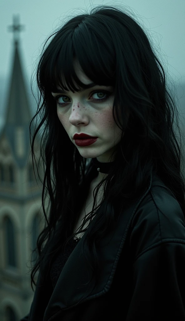 (indistinguishable from reality:1.4), A very beautiful big tiddy goth gf, 2003, polaroid, grainy, (detailed facial features), (freckles:0.6), (acne:0.3). Inspired by Selene from Underworld movie., Medium black hair. black eyelyners. 25 years old. very beautiful, with black hair and clothes. On the top of a tower of a gothic church at night. Dramatic cinematic shadows enhance the drama