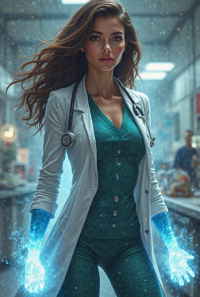 Action scene of an evil villainess, ponytail brown hair, blue eyes, full body, bloody surgery room covered in ice (setting), thin lips, {blue lipgloss}, square framed glasses, makeup, evil smile, light pink blouse, black pants, white lab coat, black ankle boots, blue high tech mechanical gloves, ice powers, blood splatter, people encased in ice, trapped people, experimented on, death.