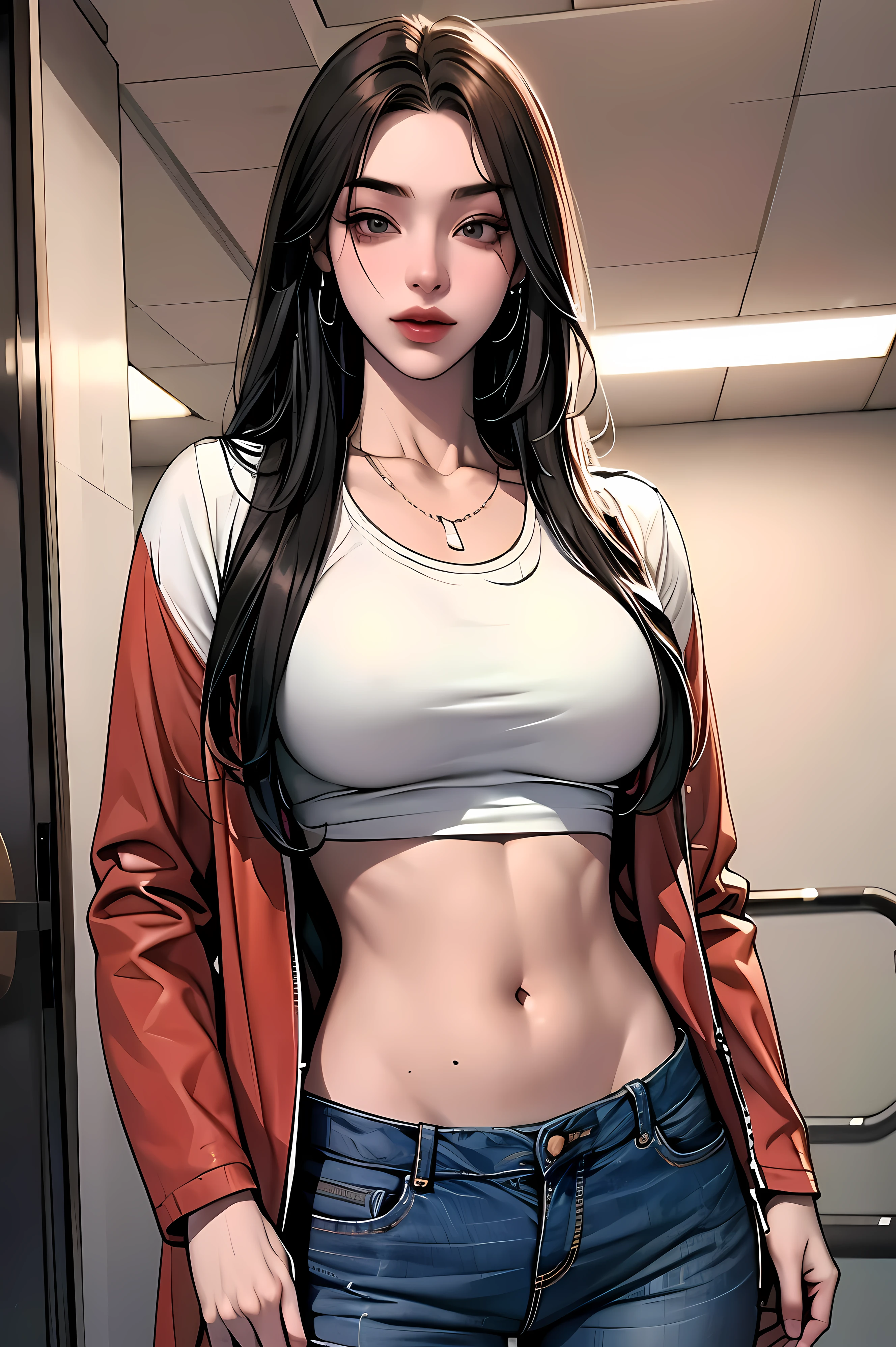 good anatomy, high-res, fit abdomen, perfect abdomen, modern england clothes, good clothes, great fashion, , beautiful young woman, pale skin, hazel eyes, soft red lipstick, soft black eyeliner, makeup, university clothes, university uniform, standing, posing, hiding hands, confident, earrings, necklace, black long hair, university student, red open jacket, crop top, jeans, anime hairstyle