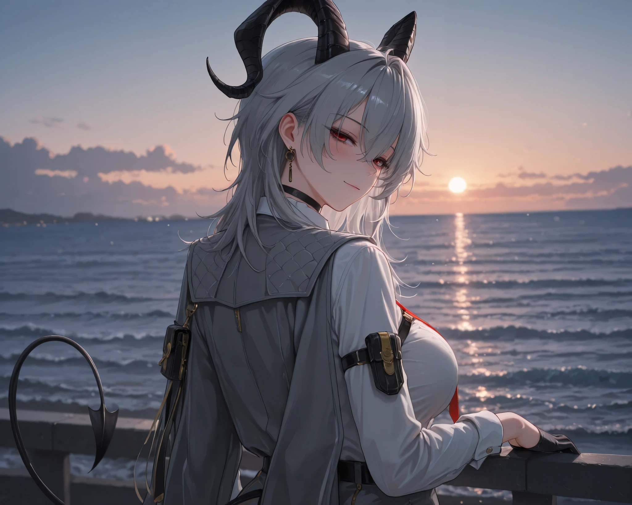 ((solo)), from behind, head tilt, half closed eyes, light smile, blush, z4ni, demon tail, long hair, multicolored hair, grey hair, hair between eyes, goat horns, demon horns, red eyes, large breasts, grey coat, coat on shoulders, white shirt, collared shirt, red necktie, long sleeves, black gloves, half gloves, earrings, black choker, upper body, looking at viewer, outdoors, seaside view, sea, amazing masterpiece, top quality, high fashion, absurdres extremely, HDR, intricate details, vivid colors