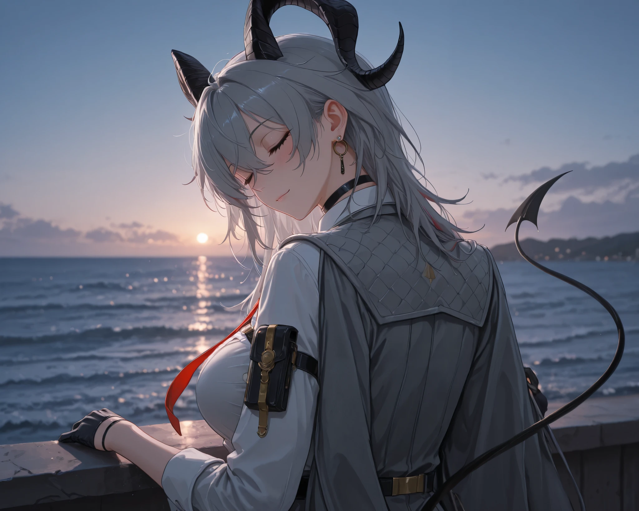 ((solo)), from behind, head tilt, closed eyes, light smile, blush, z4ni, demon tail, long hair, multicolored hair, grey hair, hair between eyes, goat horns, demon horns, large breasts, grey coat, coat on shoulders, white shirt, collared shirt, red necktie, long sleeves, black gloves, half gloves, earrings, black choker, upper body, looking at viewer, outdoors, seaside view, sea, amazing masterpiece, top quality, high fashion, absurdres extremely, HDR, intricate details, vivid colors