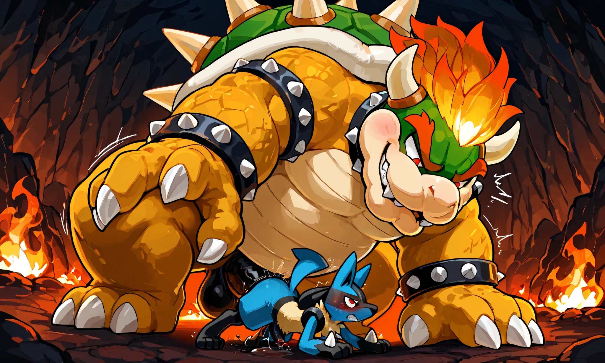 4k ultra quality, 4k full body view, masterpiece quality, giant feral bowser, small feral lucario, [bowser:grabbing head, anal sex from behind, heavy weight bulky massive, giant plump body, evil grin, looking down, large black penis, cumming, semen puddle], [lucario:small build, arched back, blush, pain, close eyes, belly bulge, small penis, erection], size difference, motion line, fire cave background, from below