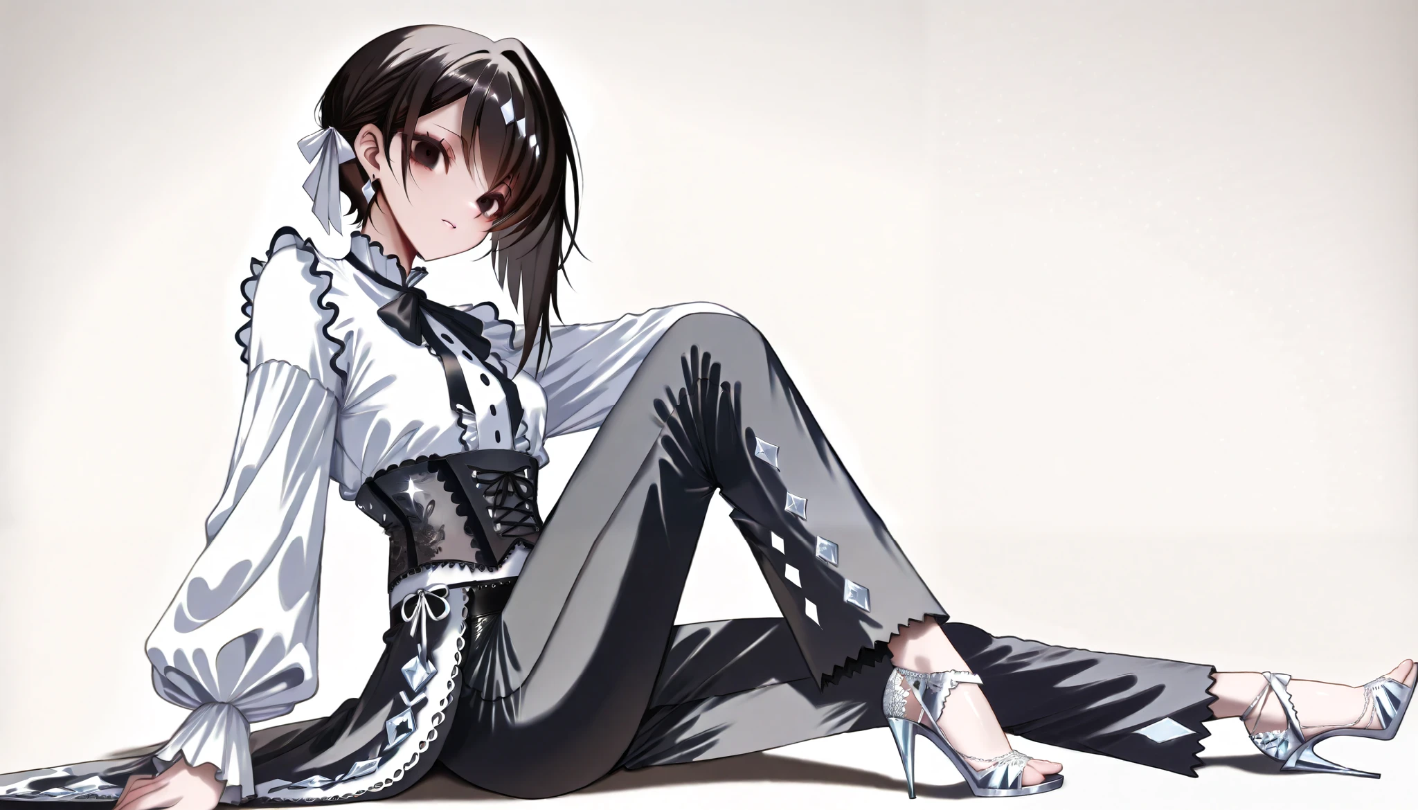 Cool women、beauty、Yandere、Christian Dior Necklace、(black lace background, sitting on the floor pose, view from side)、(black hair, black eyes)、((black corset, black frilly full clothed blouse, black pants, e-girl fashion, (white peals and black lace), (fully-clothed))), ((ribbons)), (((shiny diamond heels)))