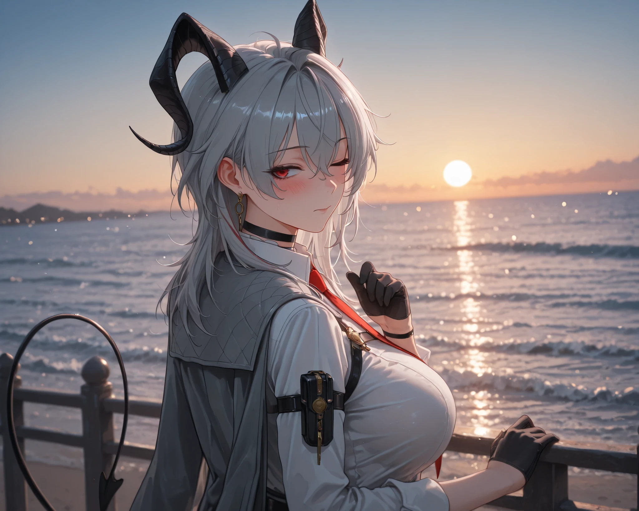 ((solo)), from behind, one eye closed, embarrassed, blush, z4ni, demon tail, long hair, multicolored hair, grey hair, hair between eyes, goat horns, demon horns, red eye, large breasts, grey coat, coat on shoulders, white shirt, collared shirt, red necktie, long sleeves, black gloves, half gloves, earrings, black choker, upper body, outdoors, seaside view, sea, amazing masterpiece, top quality, high fashion, absurdres extremely, HDR, intricate details, vivid colors
