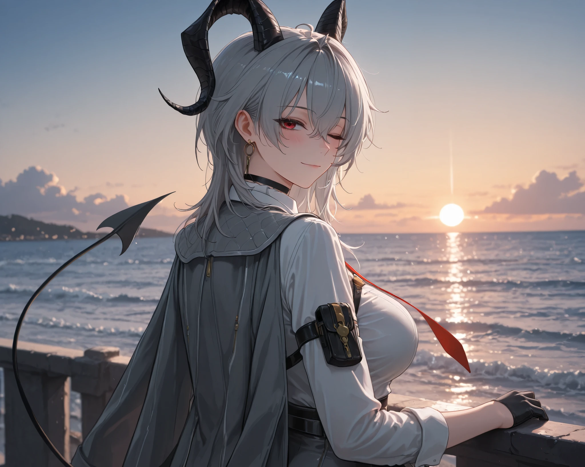 ((solo)), from behind, one eye closed, light smile, blush, z4ni, demon tail, long hair, multicolored hair, grey hair, hair between eyes, goat horns, demon horns, red eye, large breasts, grey coat, coat on shoulders, white shirt, collared shirt, red necktie, long sleeves, black gloves, half gloves, earrings, black choker, upper body, outdoors, seaside view, sea, amazing masterpiece, top quality, high fashion, absurdres extremely, HDR, intricate details, vivid colors