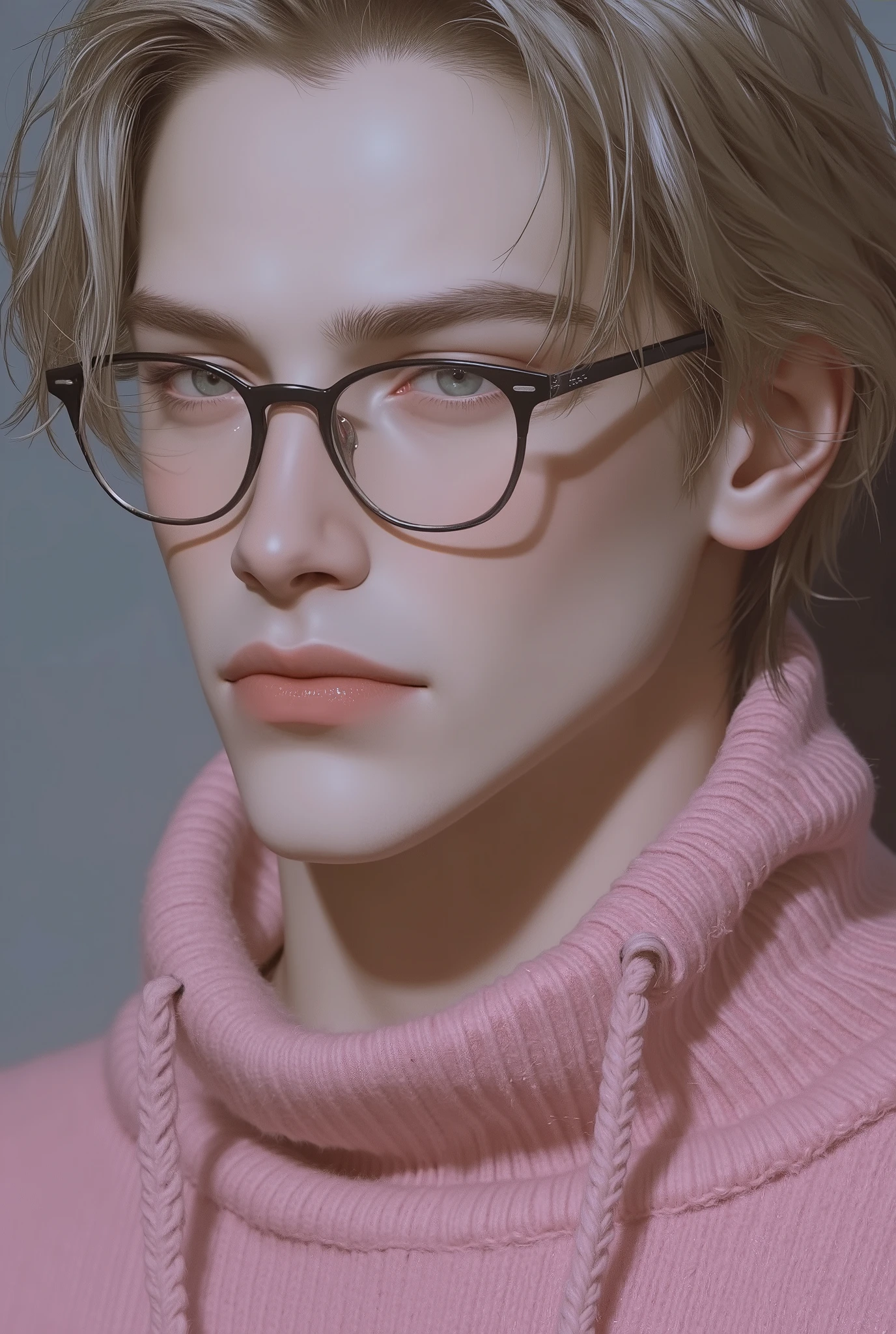 A handsome young man with short blond hair, blue eyes, wearing a pink sweater that covers her neck, and also wearing black glasses, but their lenses are transparent. Her features are close.