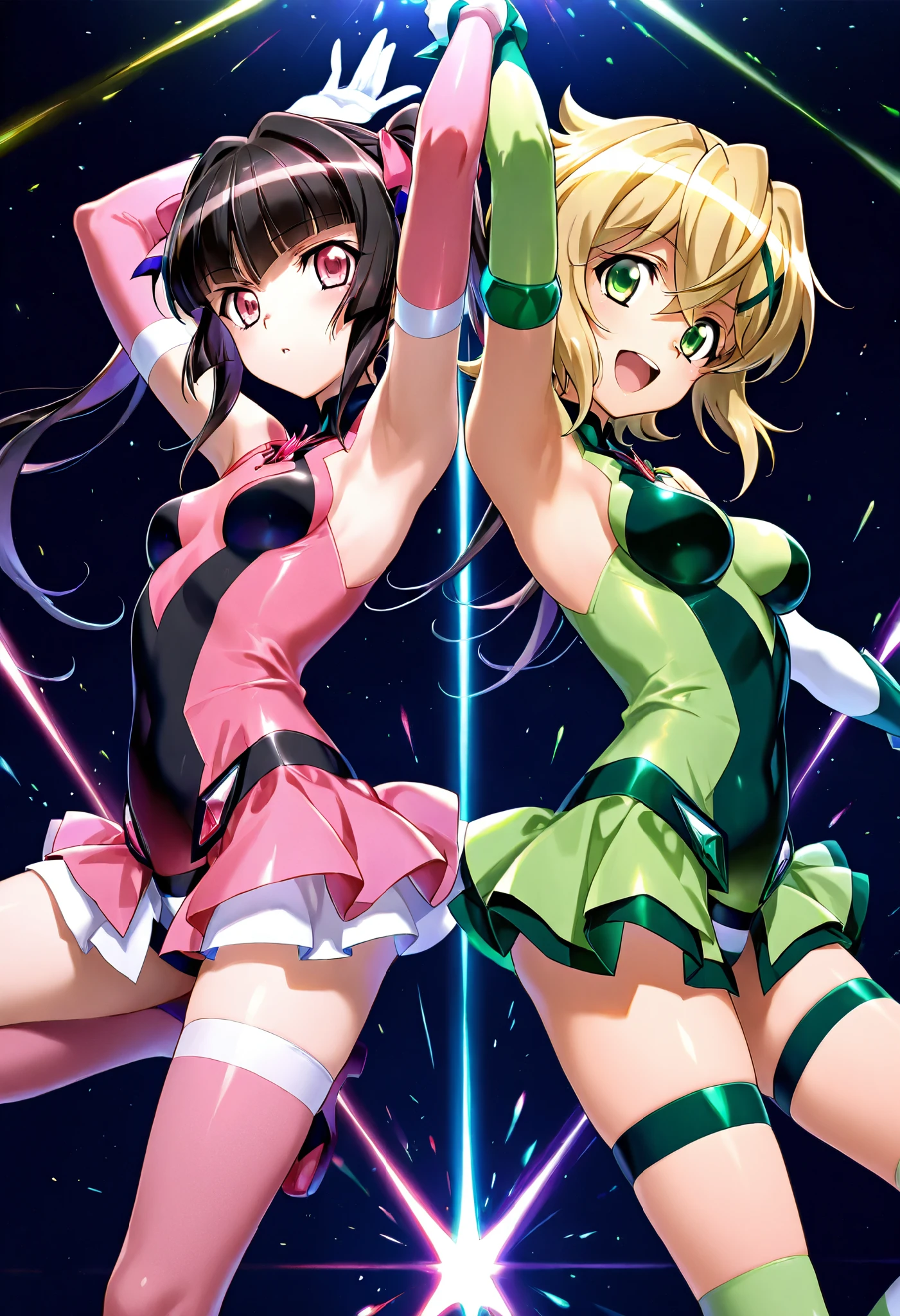 (( 2 girls)),symphogear,Akatsuki Kirika, Tsukuyomi Shirabe, black background,colorful, vibrant, Shining Contours ,neon,colorful、official art、,viewer, masterpiece, very aesthetic、Battle Pose、Light Powder、neonヘア、