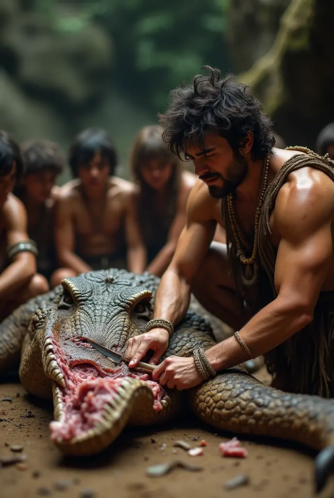 a group of primitive humans, one holding a knife, cutting meat from a dead sleep t-rex. Tilt shift photography. , detailed anatomy, detailed clothing, intricate details, highly detailed, award winning, masterpiece, 8k, photorealistic, dramatic lighting, moody atmosphere, earthy tones, gritty texture, rugged, realistic, cinematic.
