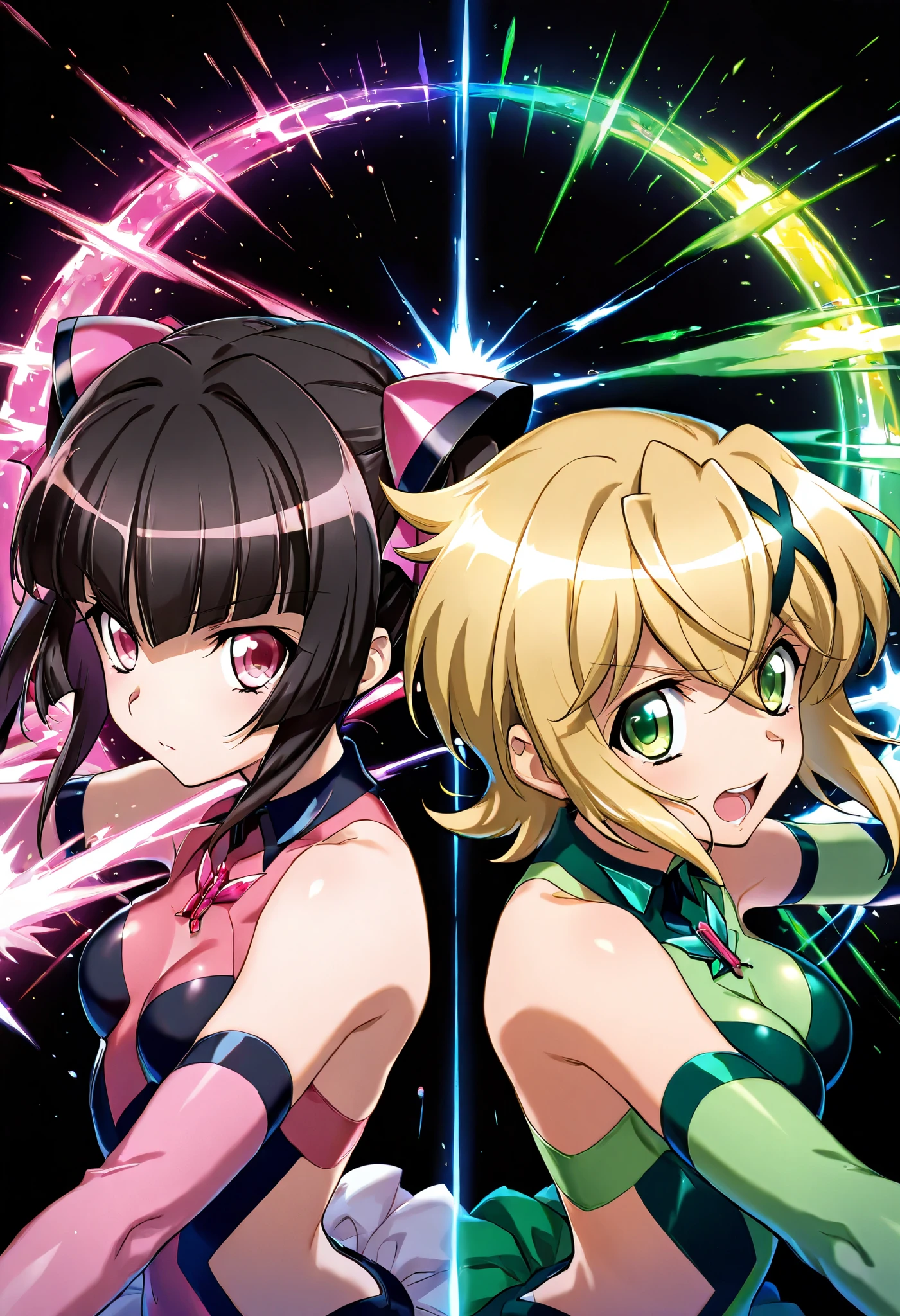 (( 2 girls)),symphogear,Akatsuki Kirika, Tsukuyomi Shirabe, black background,colorful, vibrant, Shining Contours ,neon,colorful、official art、,viewer, masterpiece, very aesthetic、Battle Pose、Light Powder、neonヘア、