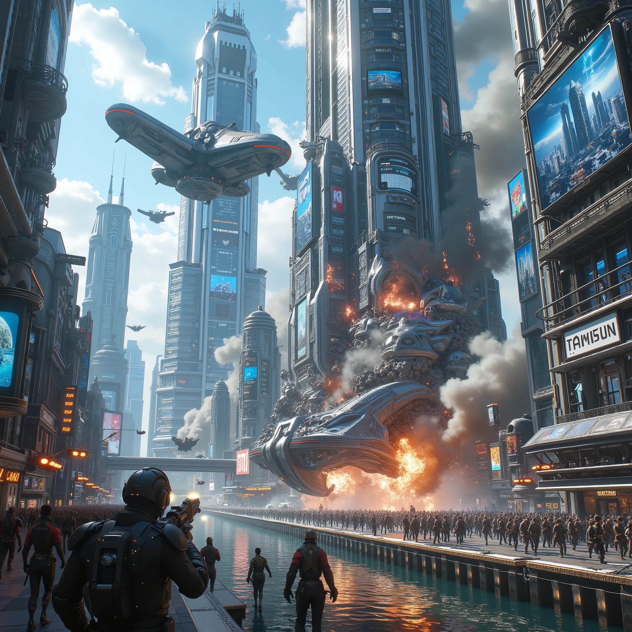 (best quality,4k,8k,highres,masterpiece:1.2), photorealistic,photo-realistic:1.37),highly detailed futuristic cybercity. Skyscrapers with media screens for windows reach high into the crystal clear blue sky. A giant war craft has crashed into a skyscraper, leaving panic and mayhem down below. People running, fires burning, smoke coming from everywhere in the building. Other flying crafts come down and shoot bullets at the people running from the building with automatic machine guns. A large spacecraft shoots at the downed war caft with laser weapons. Extremely detailed images created with great care. Professional movie style images. Ultra-realistic, photo-realistic, ultra-detailed, insane 3D realism, cinematic photography, cinematic lighting, cinematic portrait, portrait photography, cinematography, full focus, startling, violence, panic, stunning images, awe-inspiringly, surrealism, etheral, futuristic, cyberpunk cityscape, futurism, highest quality, masterpiece.