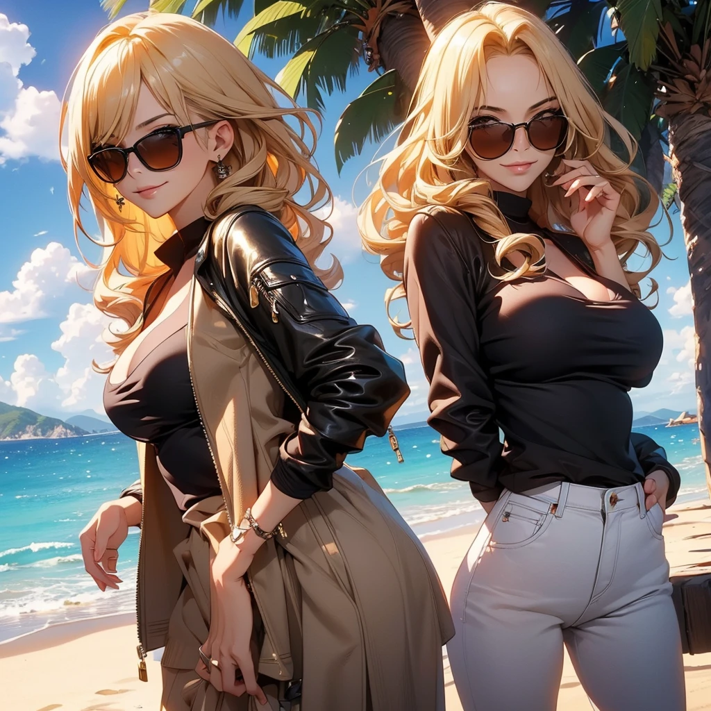 best quality,real lighting,busty,white undershirt,tall,golden curls,high nose bridge,gorgeous face,skinny jeans,taking a walk with friends on the beach , --auto --s2