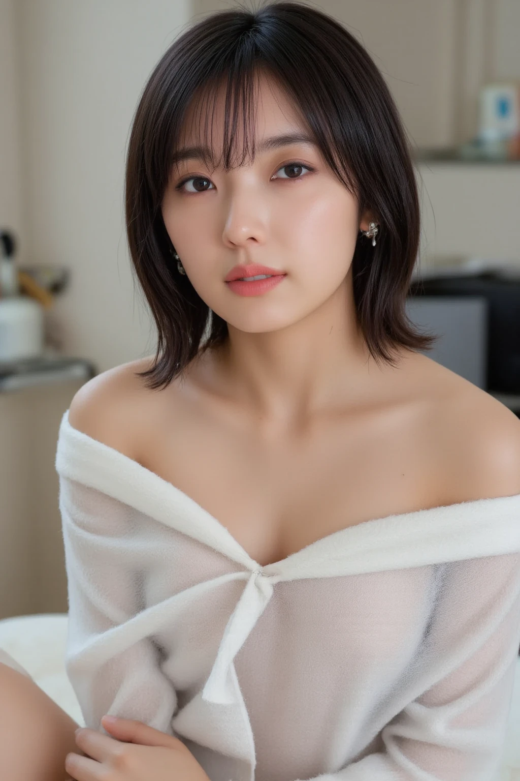 ((8k:1.27)、highest quality、masterpiece、超A high resolution:1.2)Beautiful Chinese women photos(Comfortable:1.1) (White shirt:1.21) Designed by Greg Rutkowski and Alphonse Mucha: Exquisite Elegance、Fantasy、detailed、geometry、Gradient lighting、One Girl、Delicate skin、Looking at the audience、Brown eyes、(Short hair with bangs:1.2)、(Mid-chest:1.0)、(middle breast wheel:0.8)、(Realistic:1.4)、(highest quality:1.0)、(超A high resolution:1.0)、8k、Raw photo、(masterpiece:0.2)、(Purelos Face_v1:0.5)、 White clothes、Cowboy Shot、On the bed