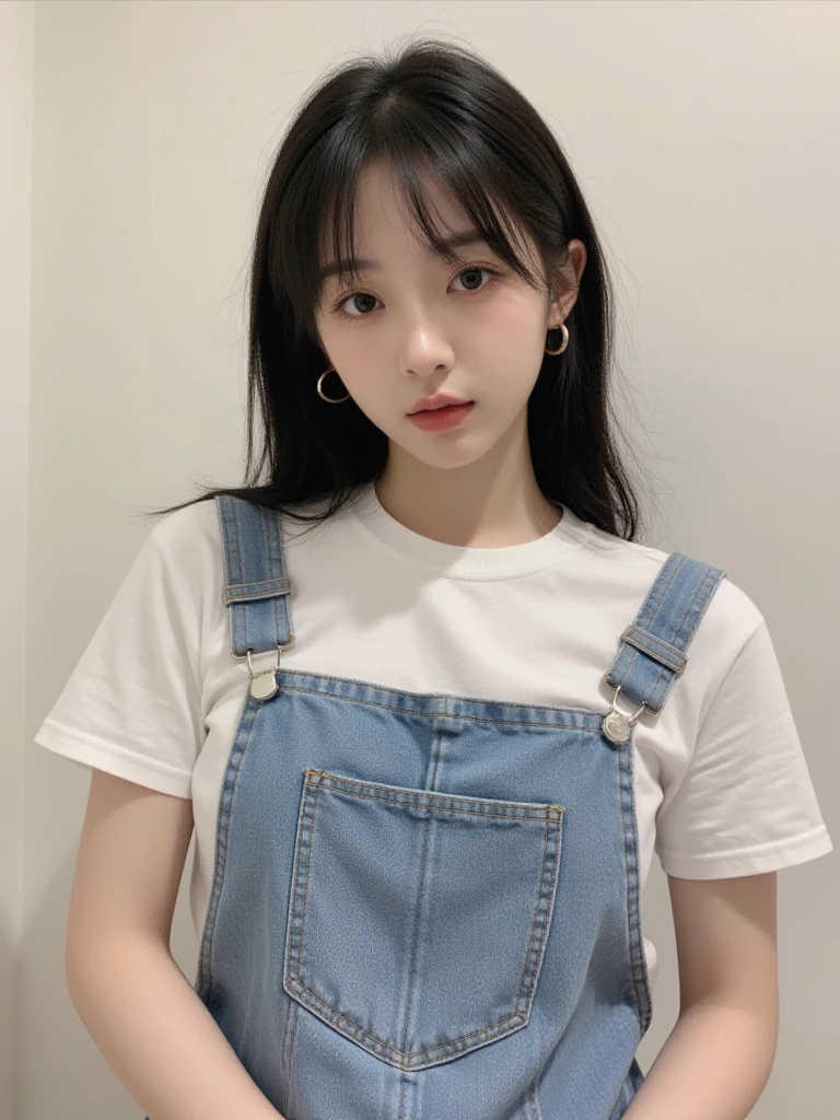 ((Midnight, Best quality, 8k, Masterpiece :1.3)), Whole body, Long legs, Sharp focus :1.2, A pretty woman with perfect figure :1.4, Slender abs :1.1, ((Dark brown hair, Big breasts :1.2)), (White tight tshirt, Jean bib, Standing:1.2), ((Night city view, Rooftop:1.3)), Highly detailed face and skin texture, Detailed eyes, Double eyelid