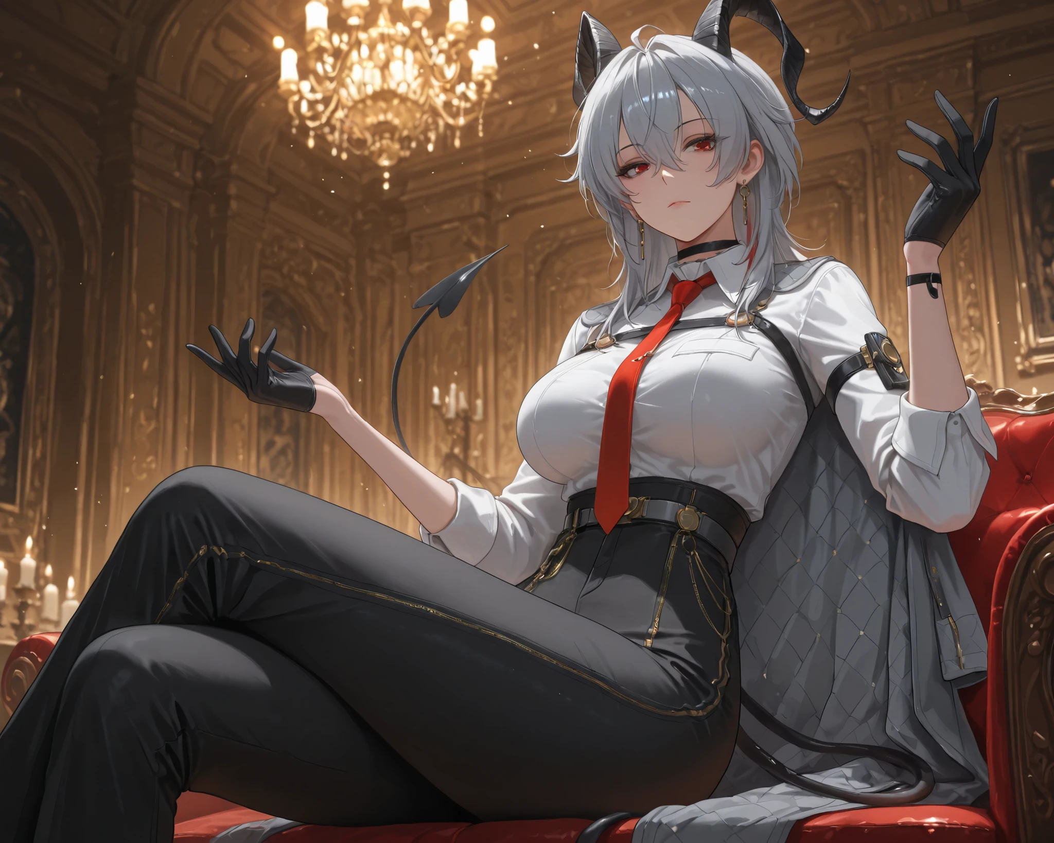 ((solo)), adjusting gloves, z4ni, demon tail, long hair, multicolored hair, grey hair, hair between eyes, goat horns, demon horns, red eyes, large breasts, grey coat, coat on shoulders, white shirt, collared shirt, red necktie, long sleeves, black gloves, half gloves, black pants, earrings, black choker, indoors, sitting, crossed legs, amazing masterpiece, top quality, high fashion, absurdres extremely, HDR, intricate details, vivid colors