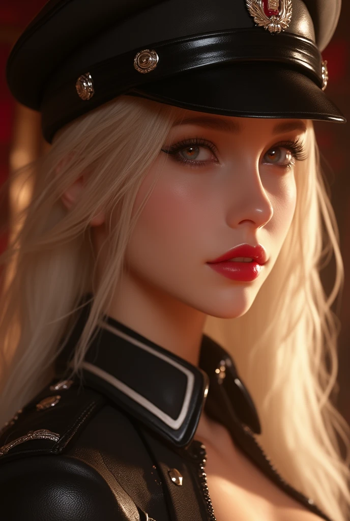 Create an image of the most stunningly beautifully WWII German SS elite women, Stunningly gorgeous beautiful perfect face, long luscious eyelashes, black eyeliner, perfect makeup, lipstick, vibrant sapphire eyes, perfect smooth skin, long platinum blonde hair, flat breast, perfect slim body figure, bdsm lingerie, seductive pose, WWII German SS Elite Officer HAT Officer Army leather Visor Crusher Cap Black,